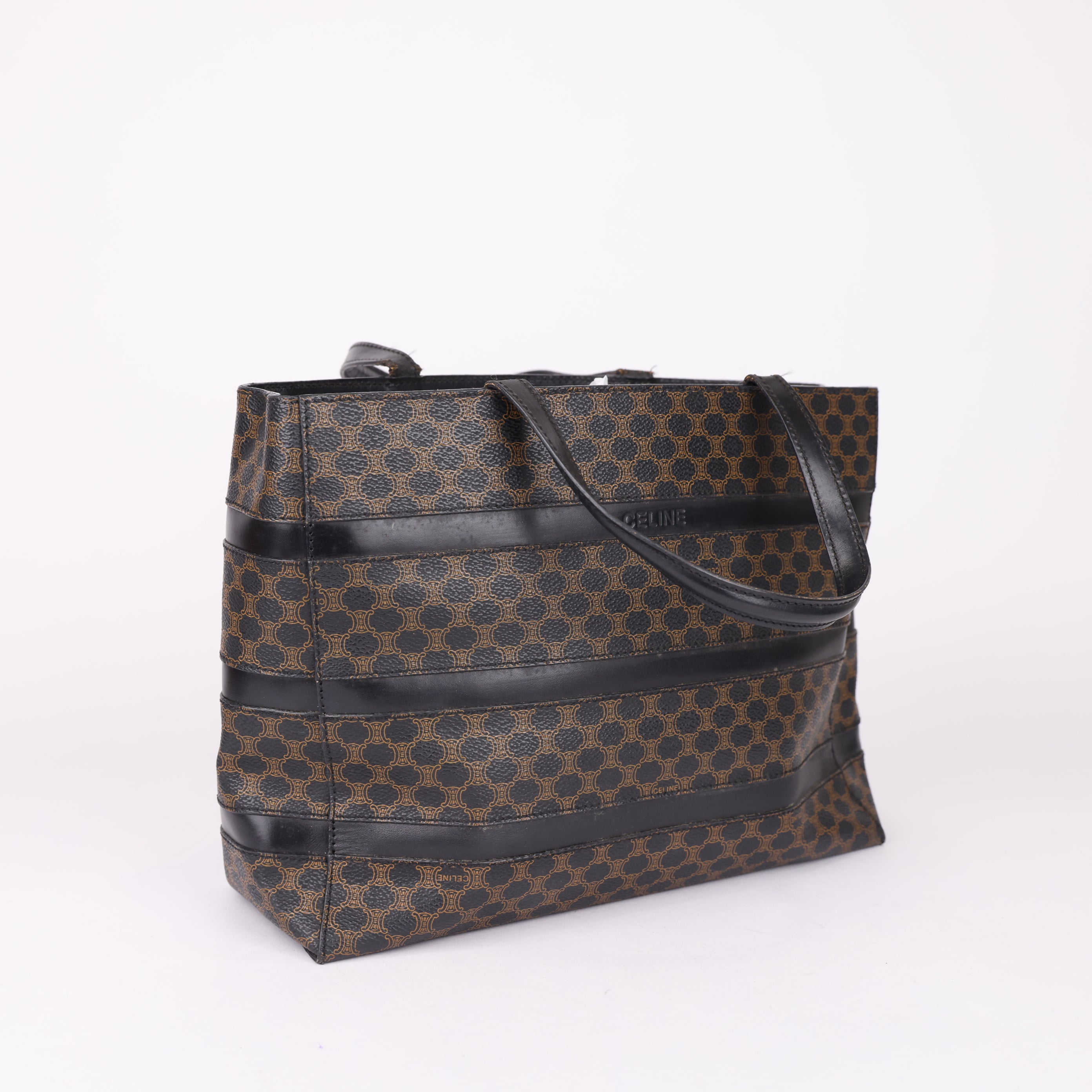 J0797 mCELINE Macadam Tote Bag PVC Leather Black Brown- Pre Owned