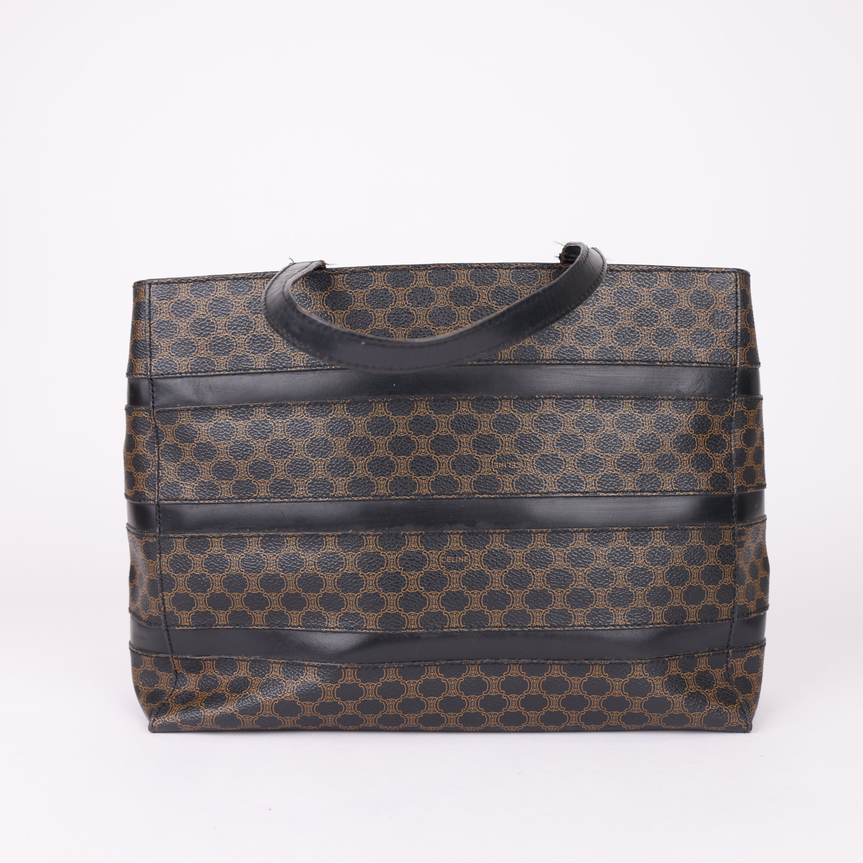 J0797 mCELINE Macadam Tote Bag PVC Leather Black Brown- Pre Owned