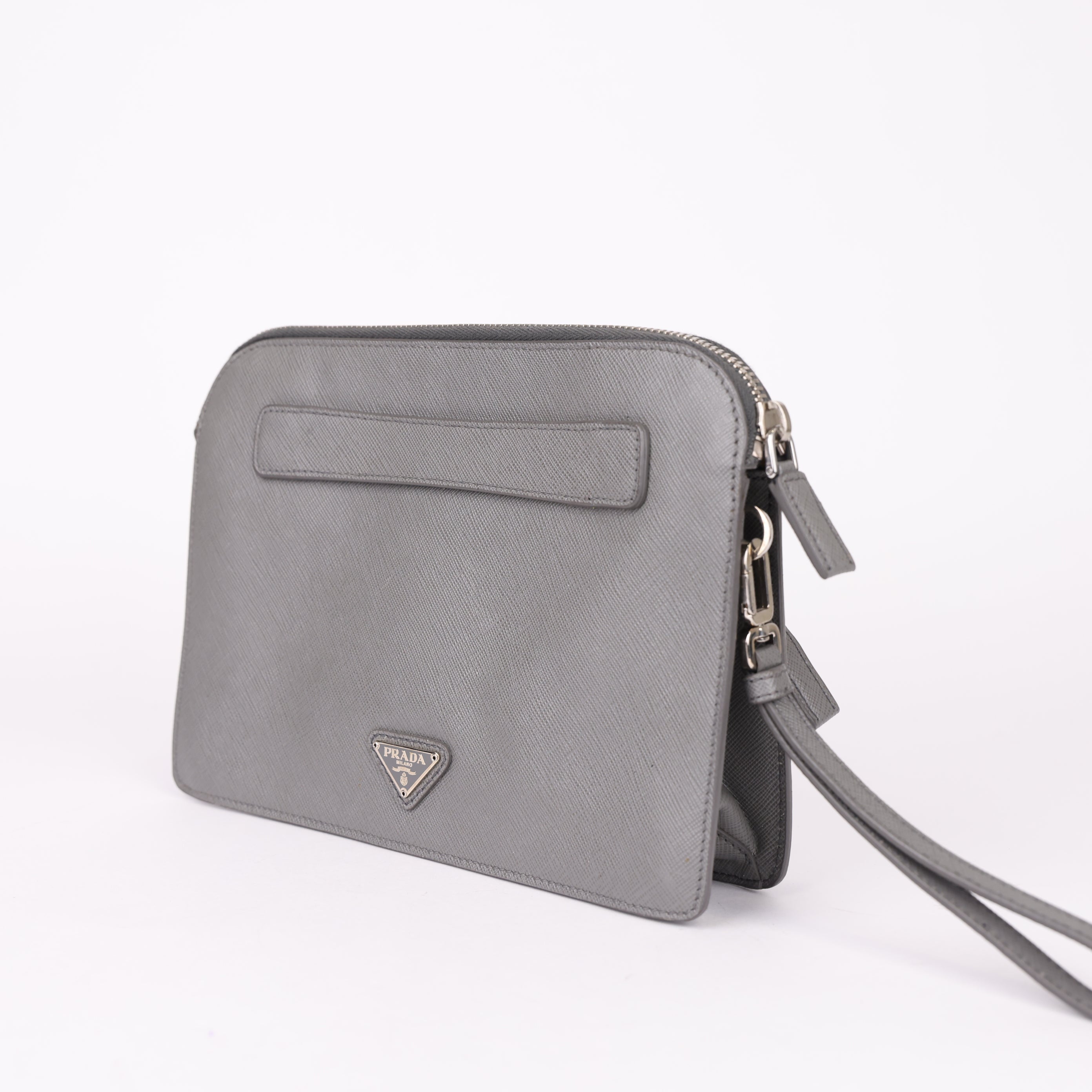 PRADA Gray Triangular Logo Clutch Bag- Pre Owned