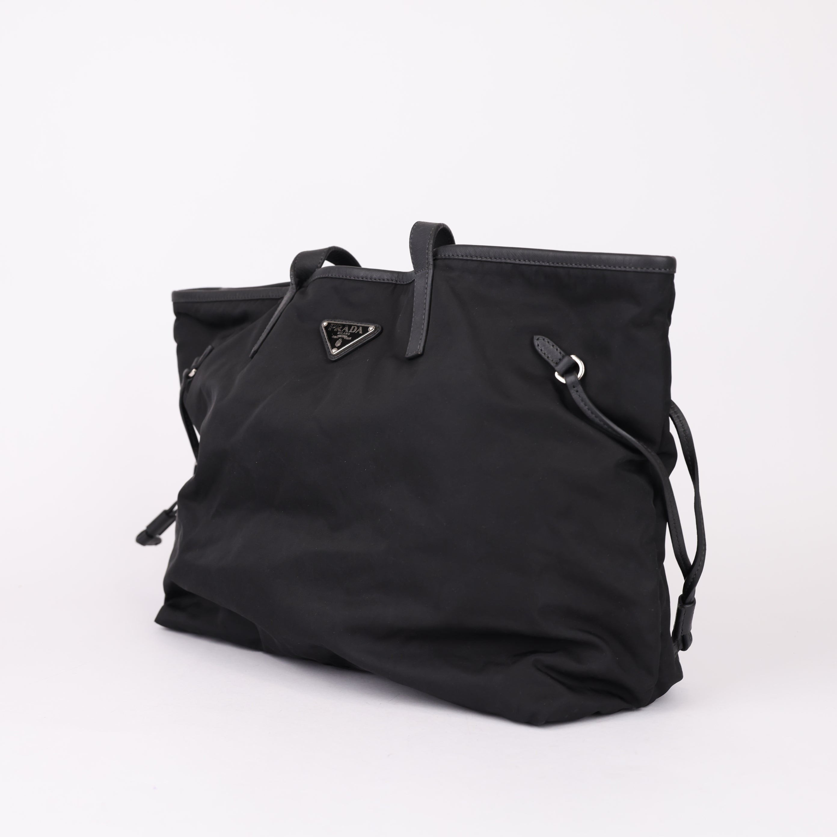 Prada Nylon Leather Tote Bag Black- Pre Owned