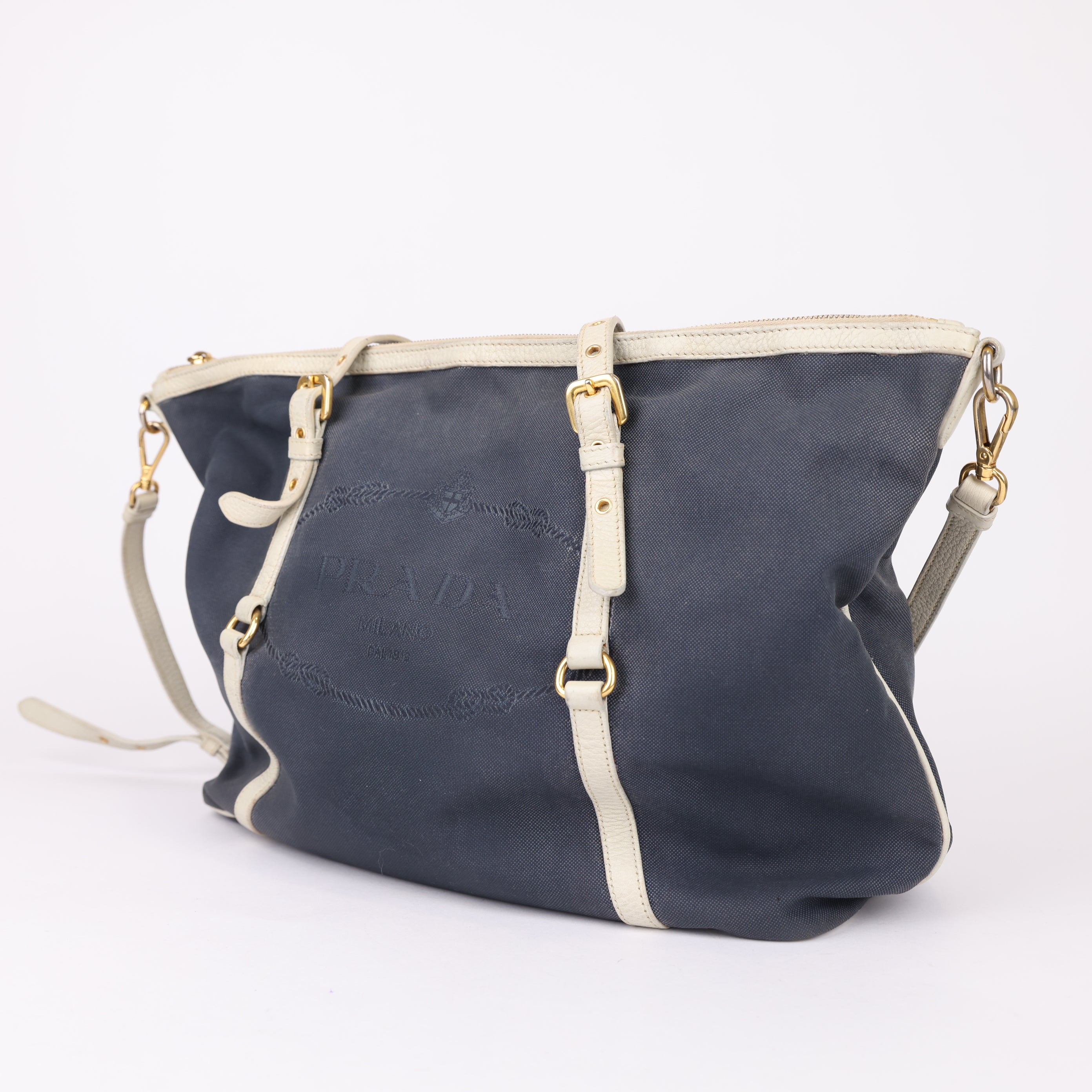 J0931 Prada Logo Jacquard Denim Tote Bag- Pre Owned