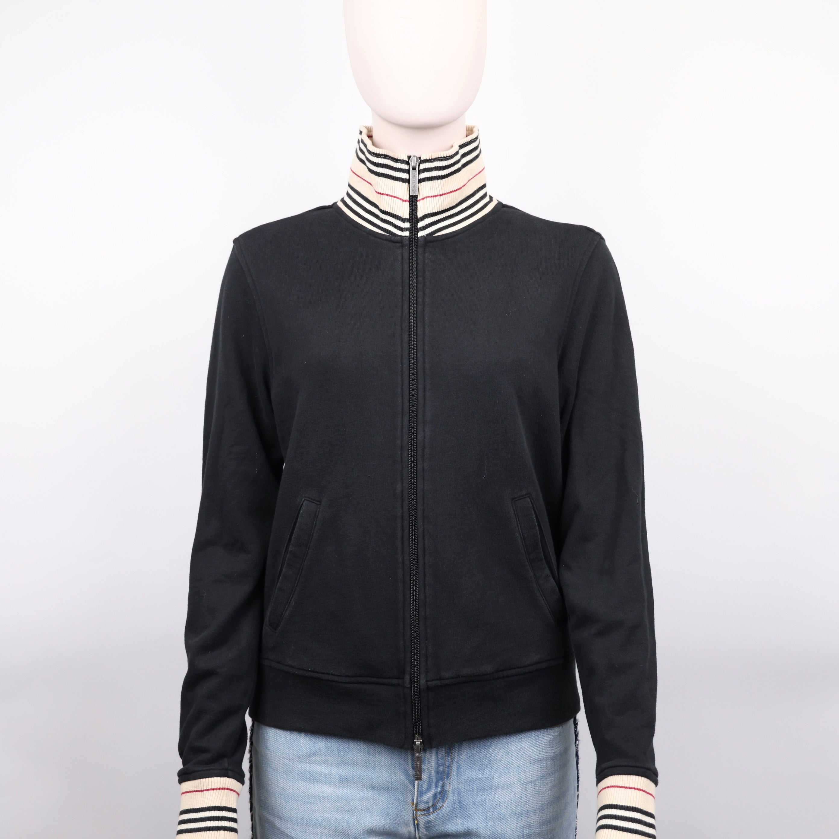 J0939 Burberry London Black Cotton Check Collar Zip Up Sweater SIZE L- Pre Owned