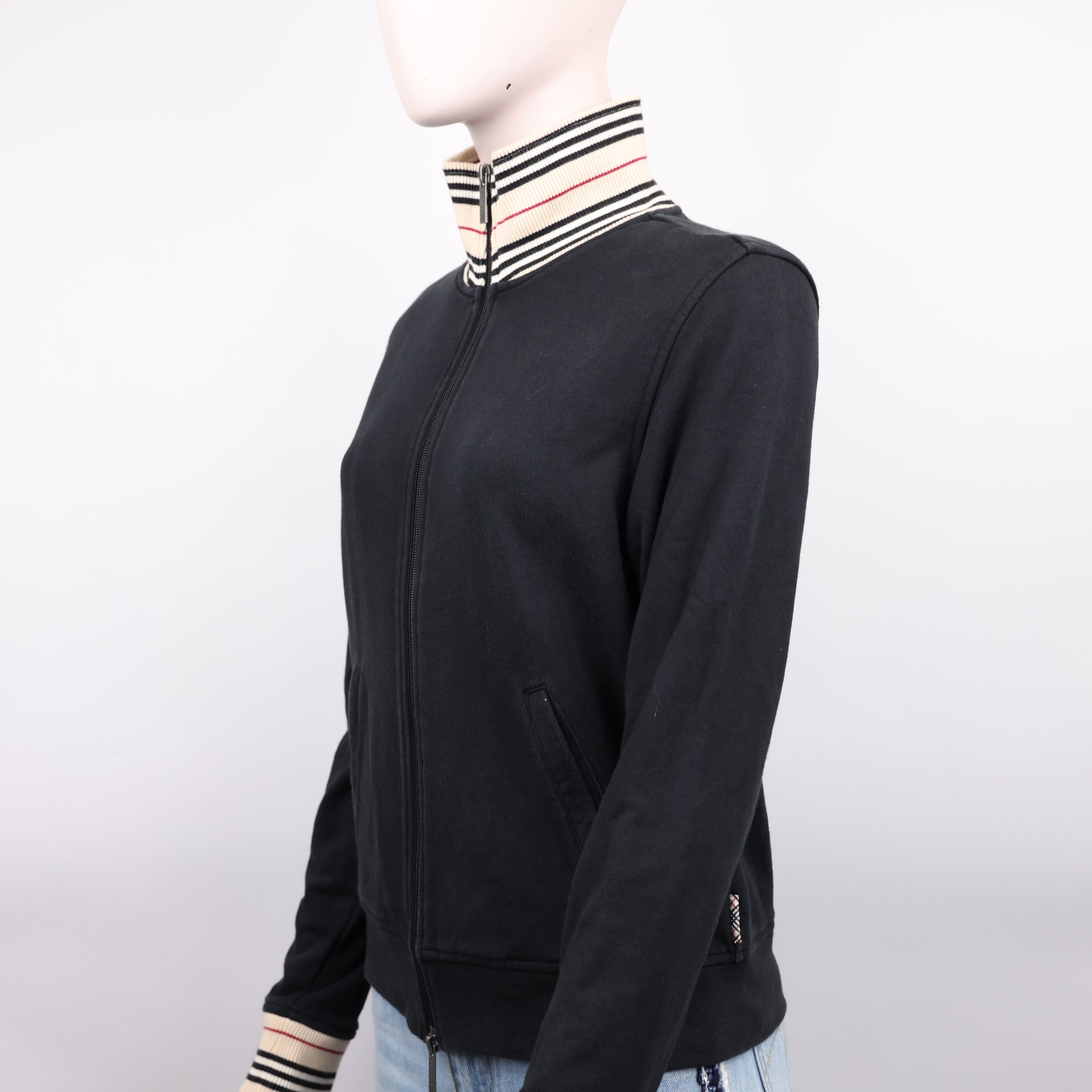 J0939 Burberry London Black Cotton Check Collar Zip Up Sweater SIZE L- Pre Owned