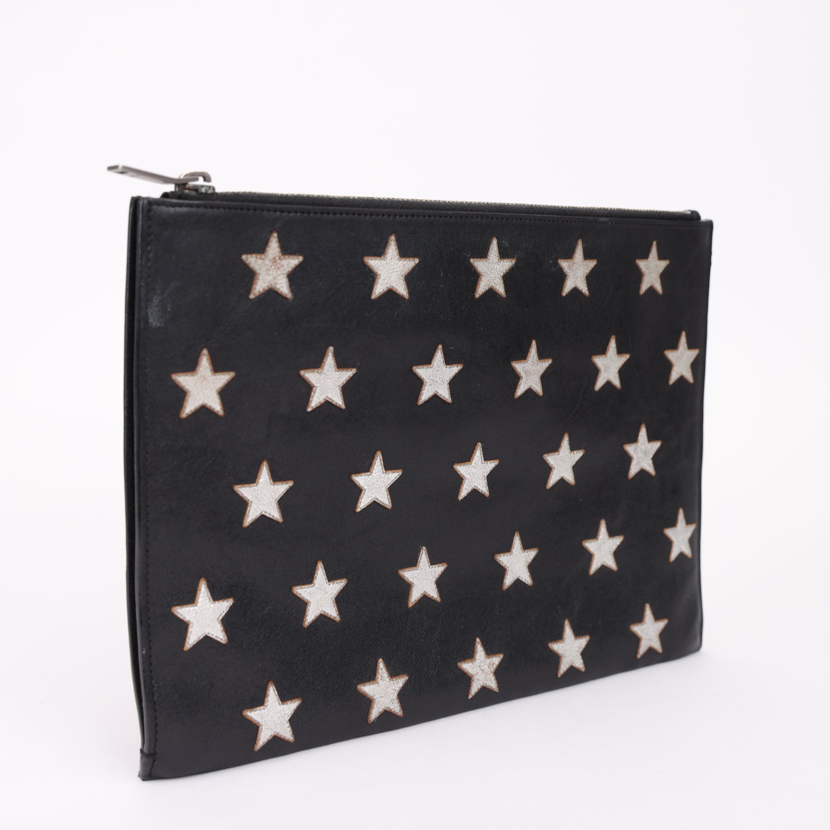 J0970 YSL Black Star Print Leather Clutch Bag- Pre Owned
