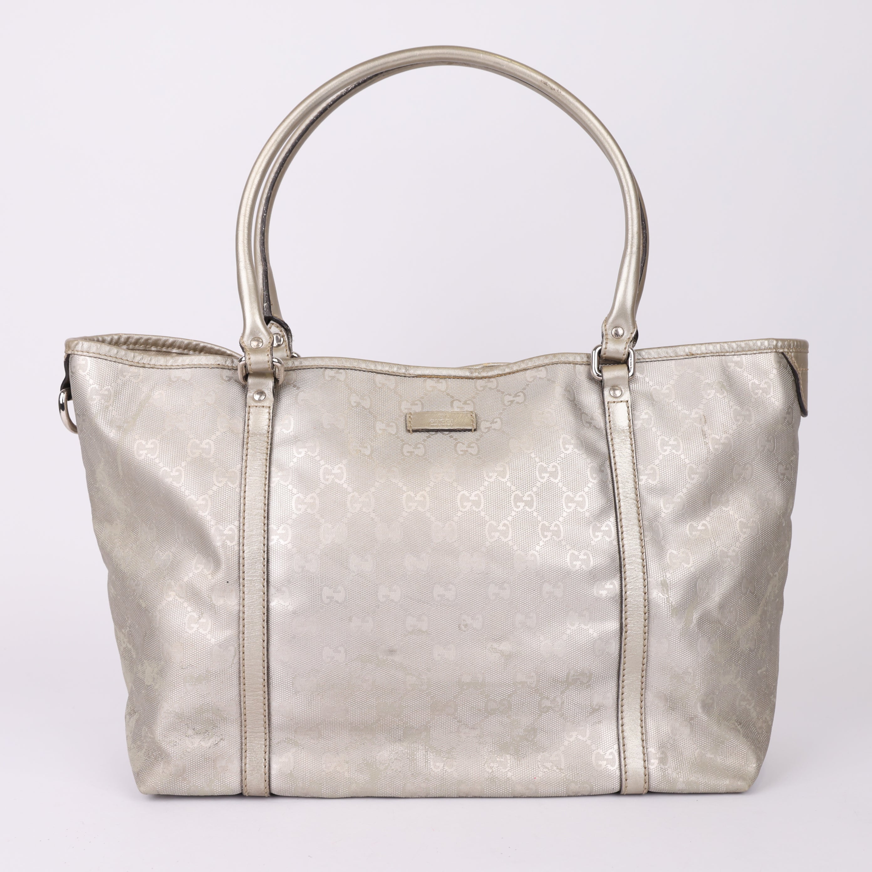 J0977 GUCCI Metallic Silver GG Imprime Coated Canvas Joy Tote Bag- Pre Owned