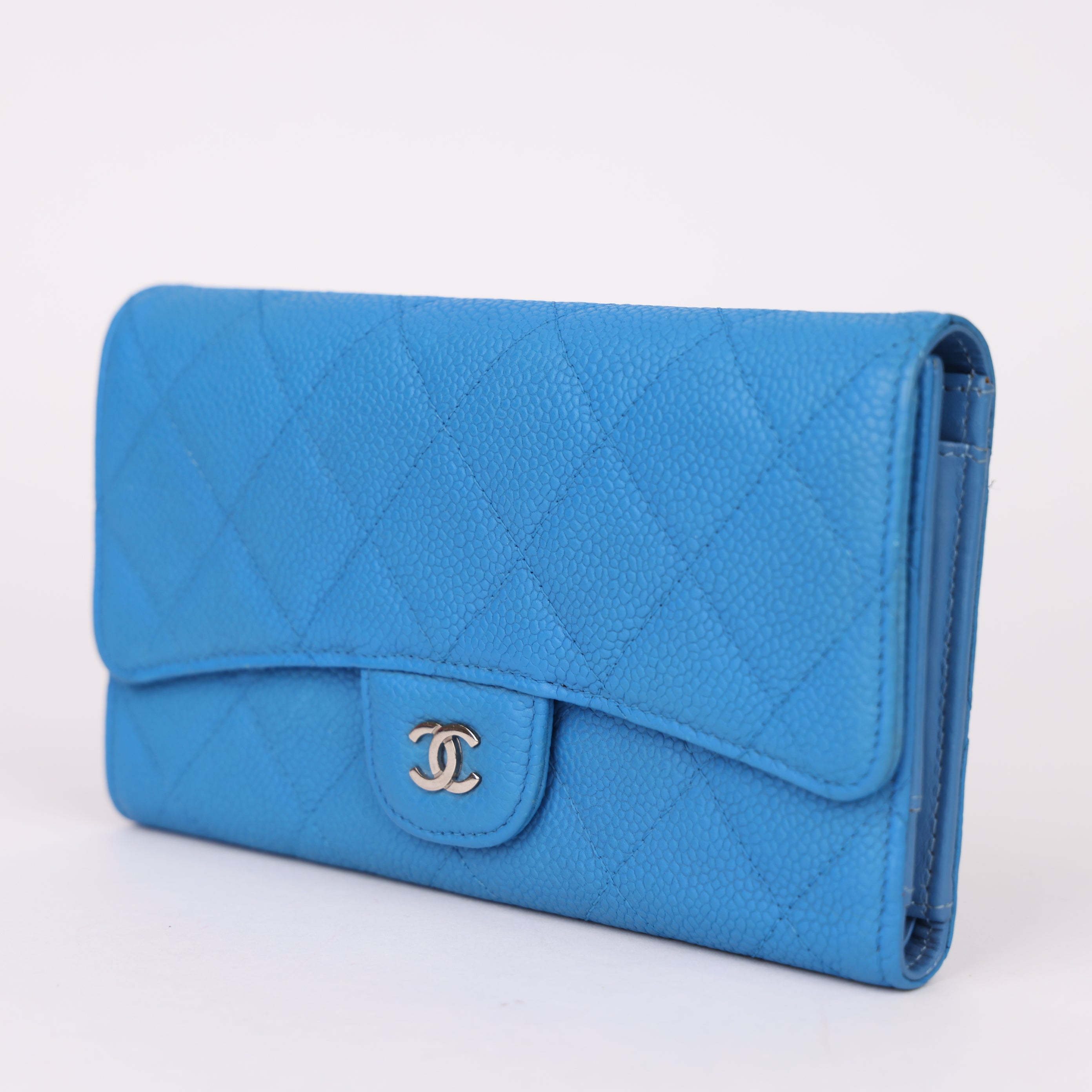 J0985 Chanel Light Blue Quilted Caviar Leather Trifold Classic Flap Wallet- Pre Owned