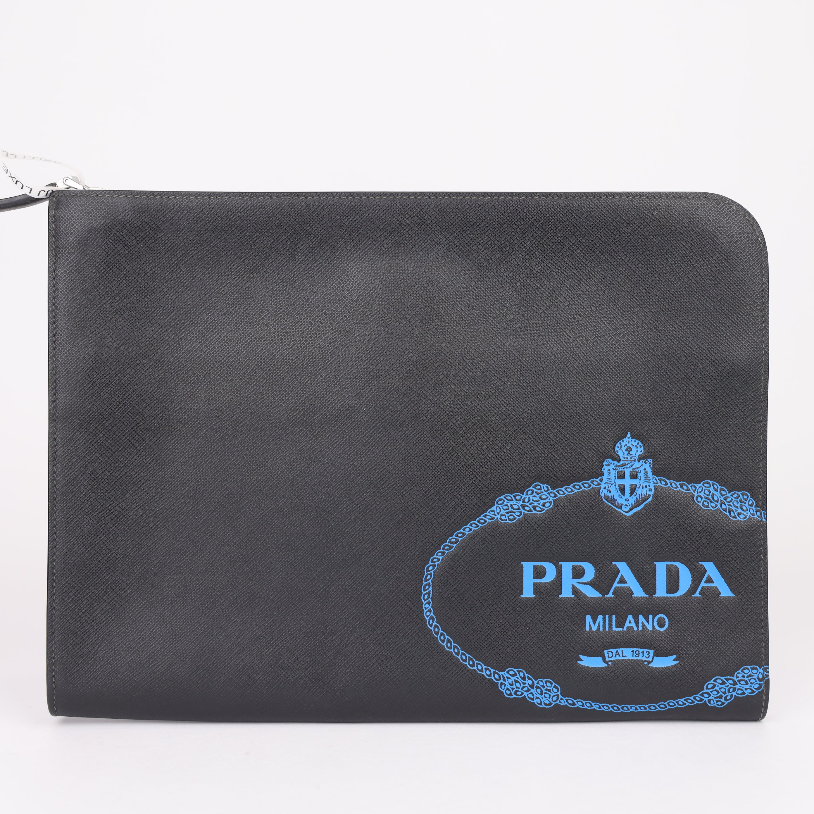 J1911 Prada Saffiano Pouch Second Bag Black Blue- Pre Owned