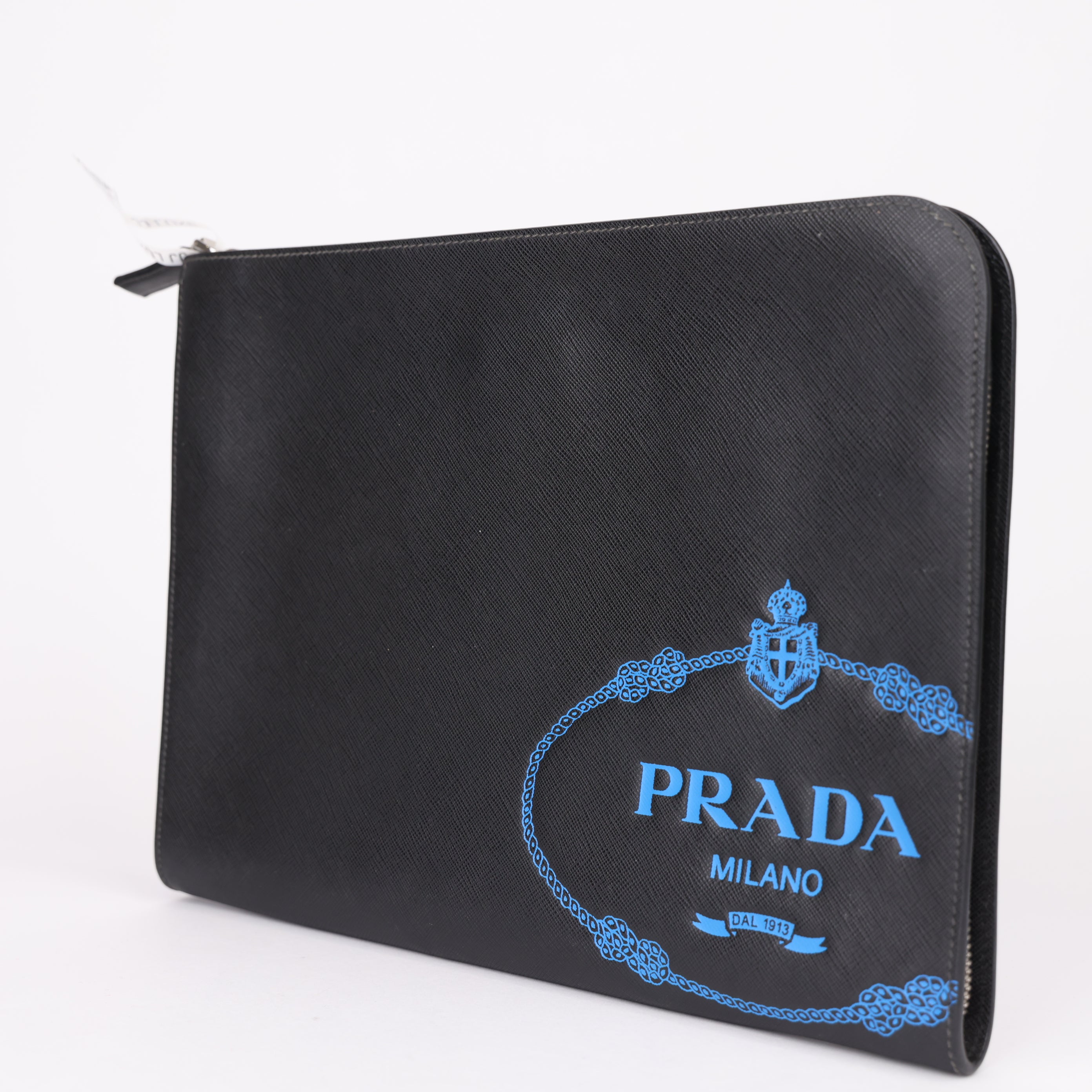 J1911 Prada Saffiano Pouch Second Bag Black Blue- Pre Owned