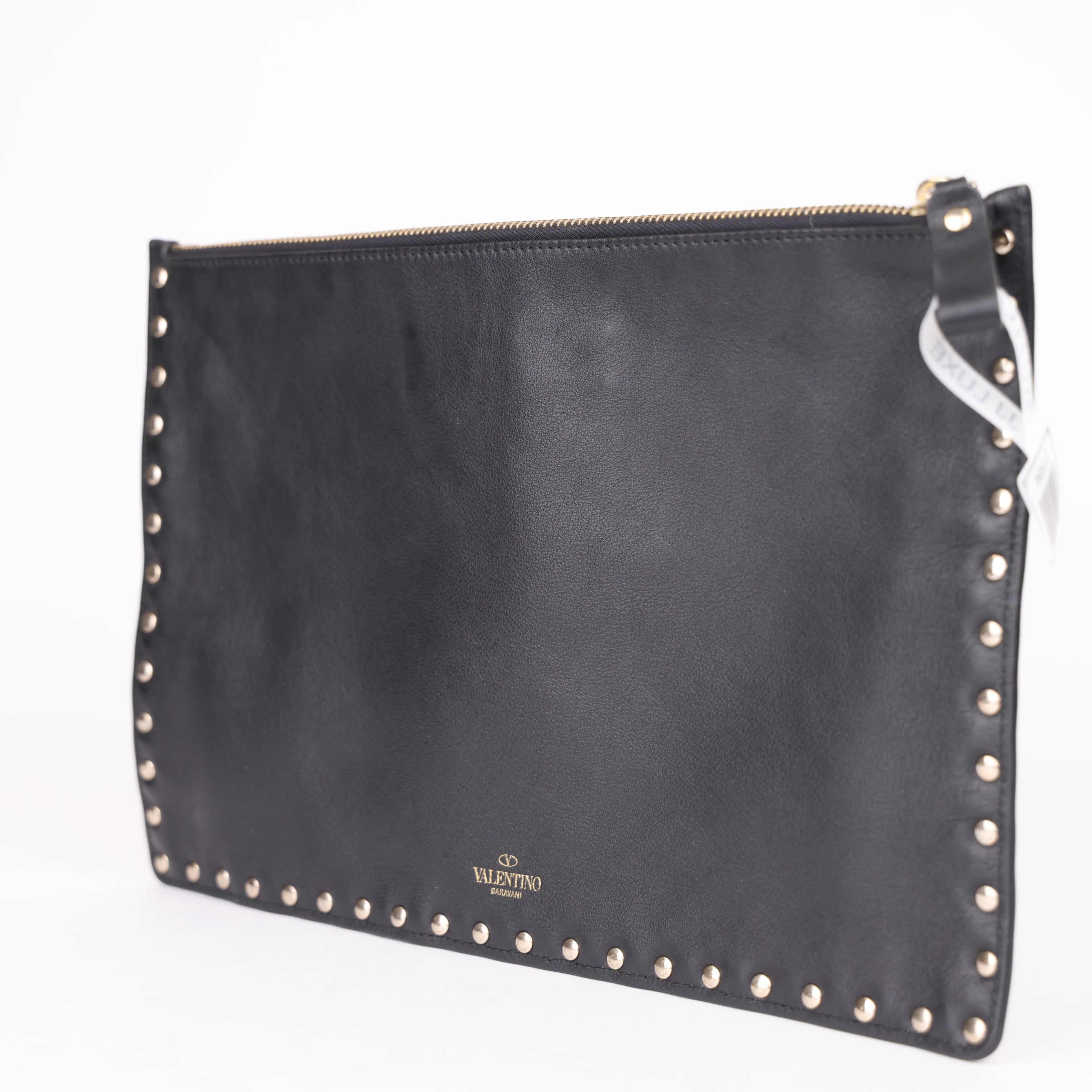 J1984 Valentino Black Rockstud Leather Clutch Bag- Pre Owned