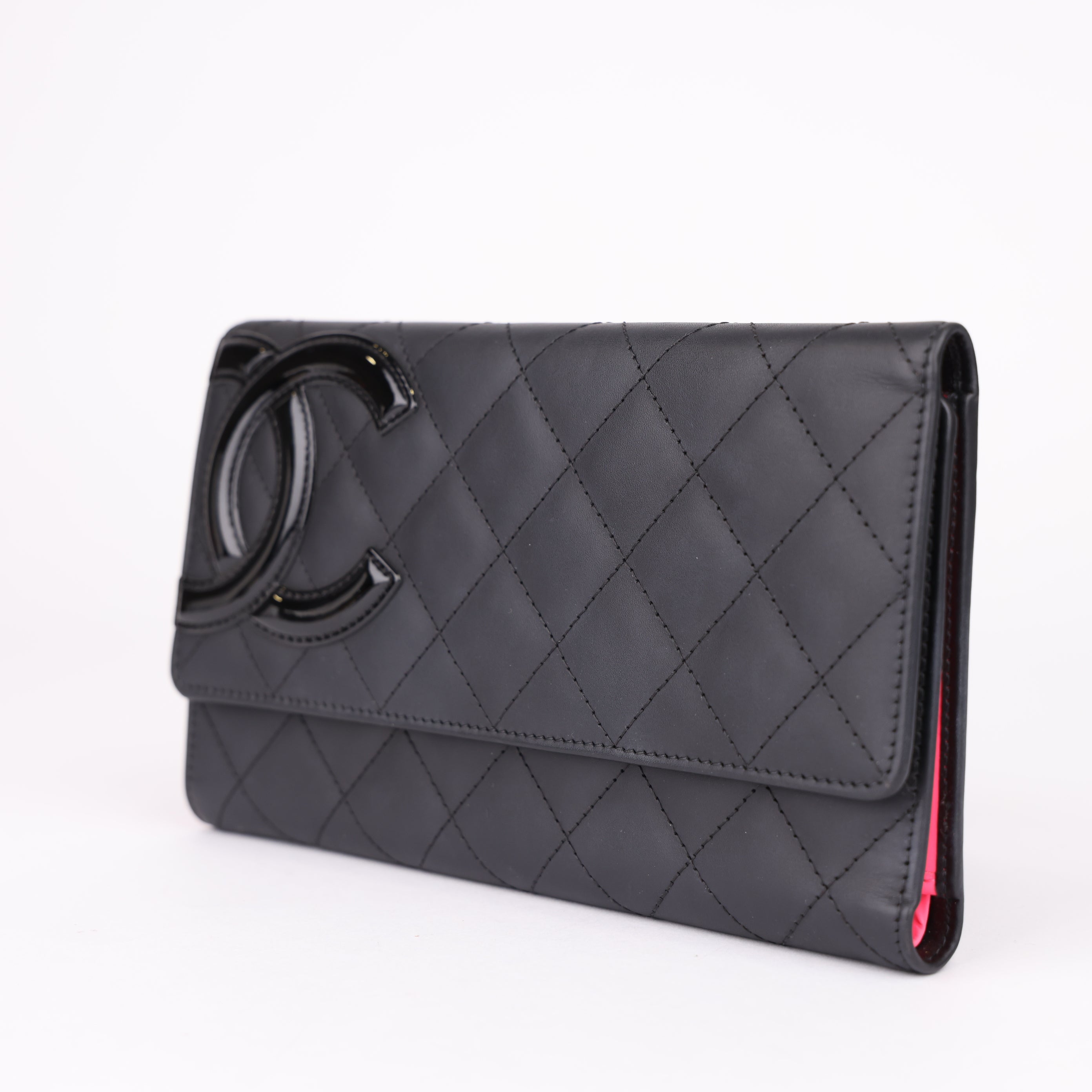 J1980 CHANEL CC Cambon Calf Leather Enamel Black Pink Long Wallet - Pre Owned