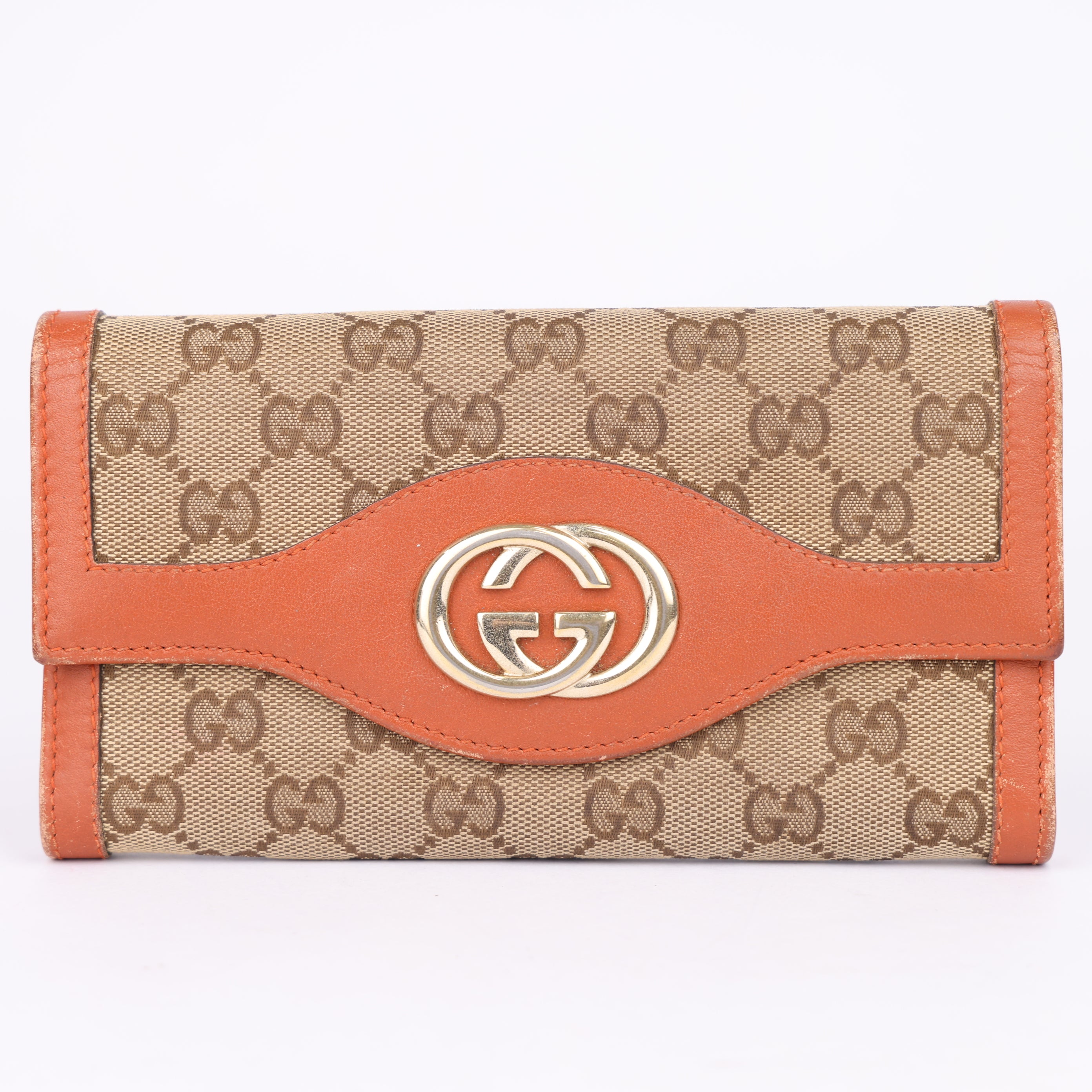 J1969 Gucci GG Orange & Tan Leather x Canvas Sukey Continental Wallet - Pre Owned