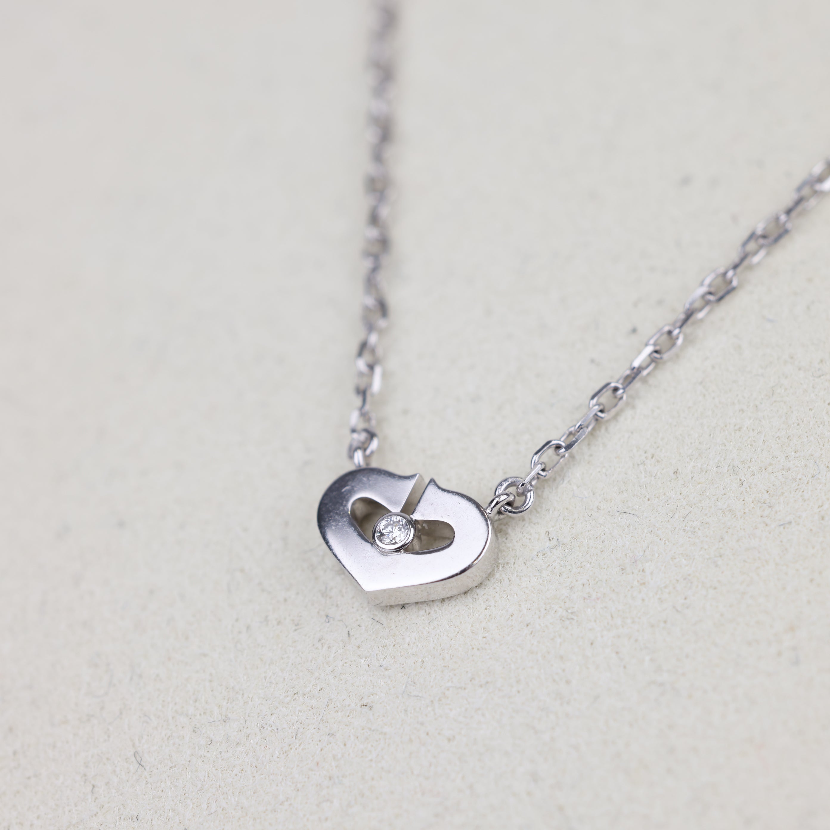 J1867 Cartier C Heart White Gold Diamond Pendant Necklace Silvery- Pre Owned