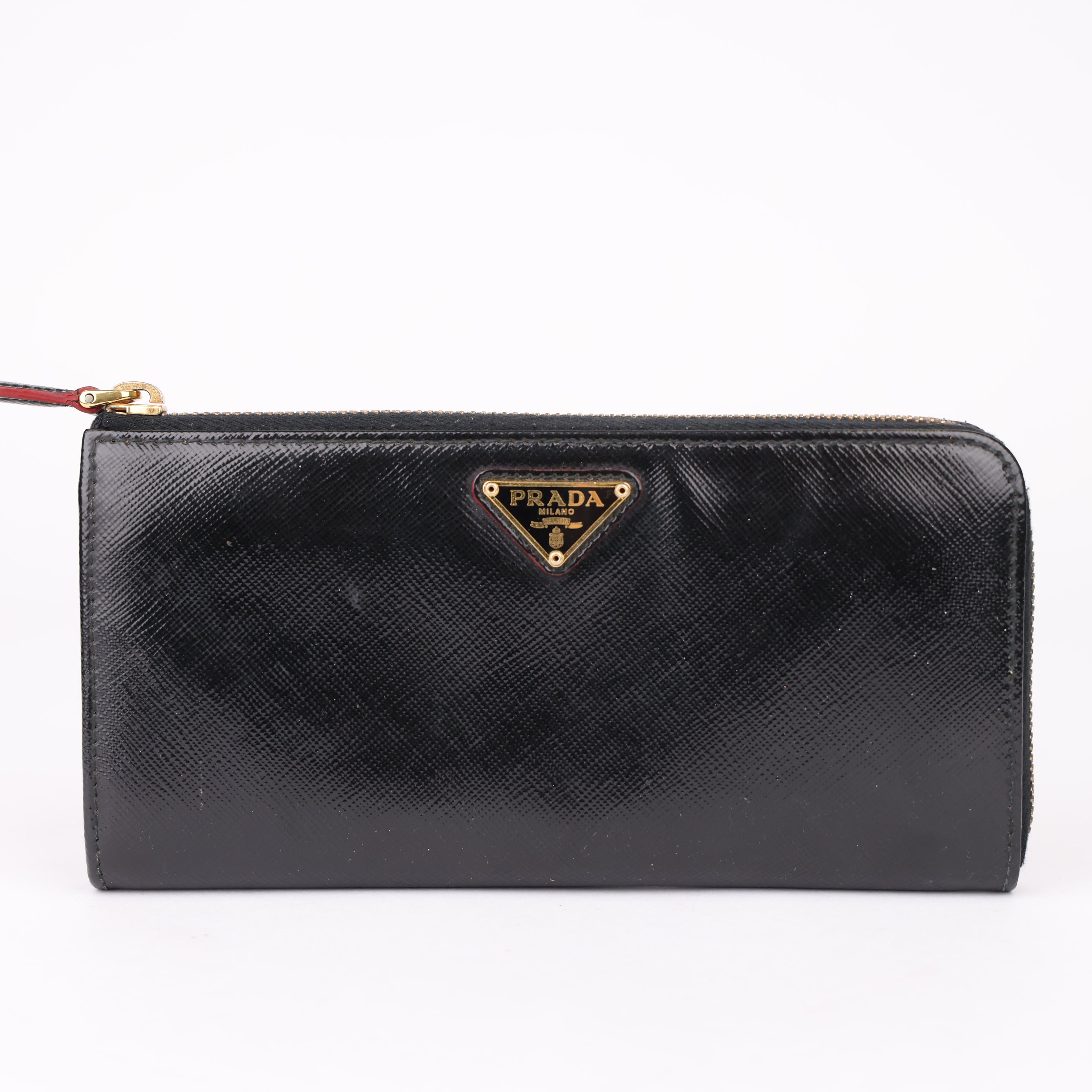 J1919 Prada Black Saffiano Leather Zip Around Wallet- Pre Owned