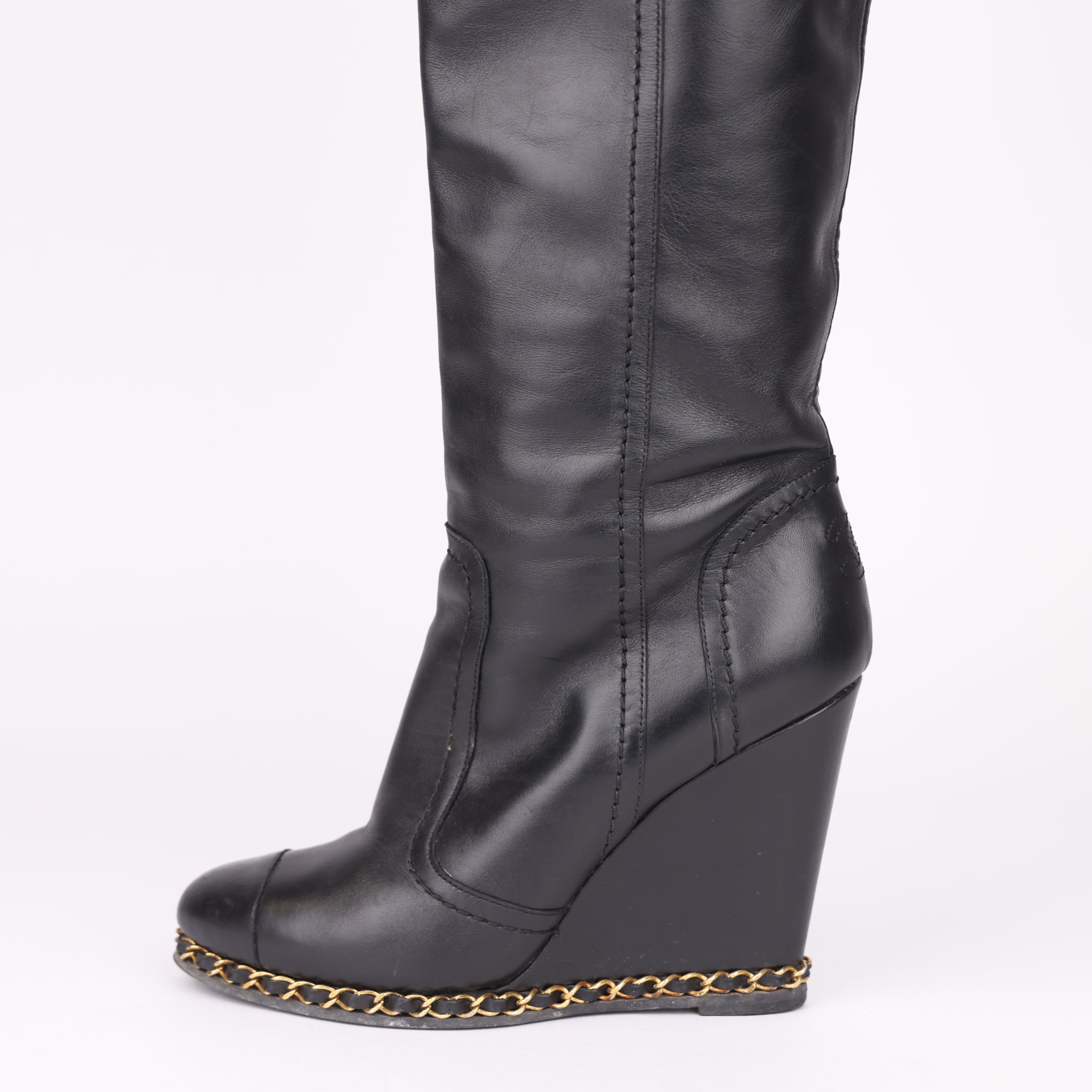 J0509 Chanel CHAIN KNEE HIGH WEDGED BOOTS EU37- Pre Owned