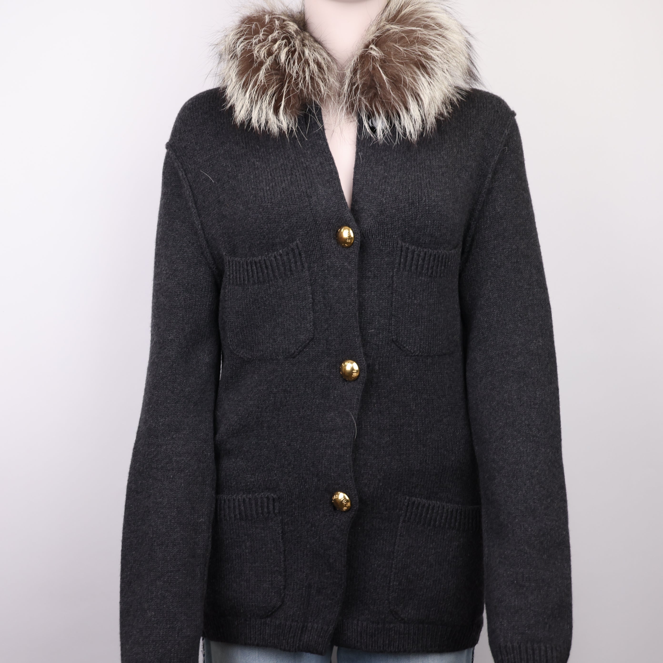 J1850 Louis Vuitton Dark Grey Knit Outerwear with Collar Size S- Pre Owned