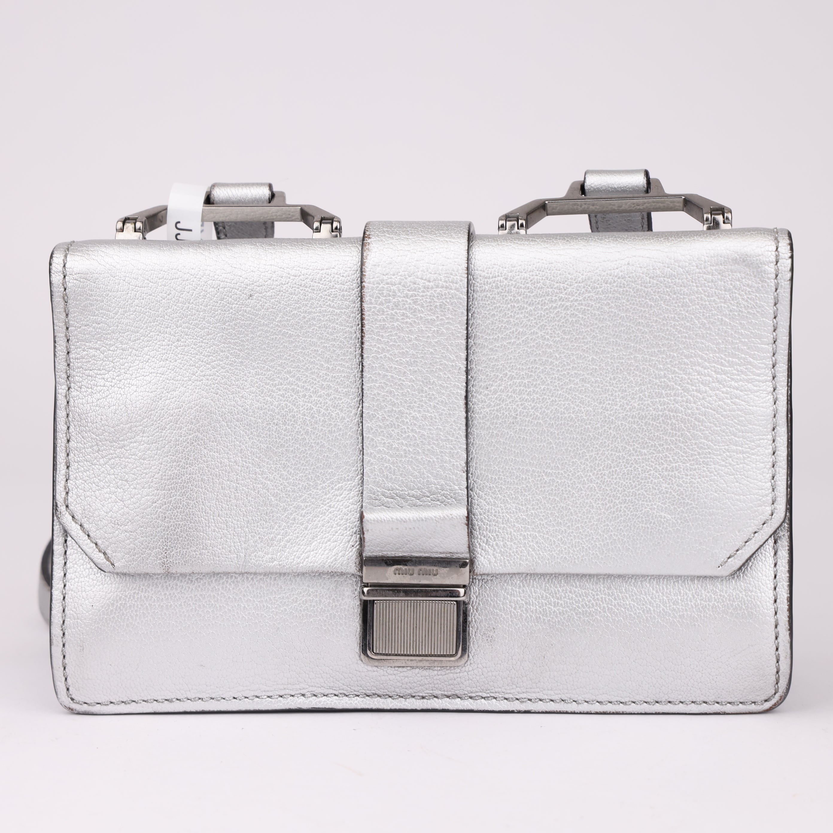 J1736 Miu Miu Silver Leather Madras Shoulder Bag- Pre Owned