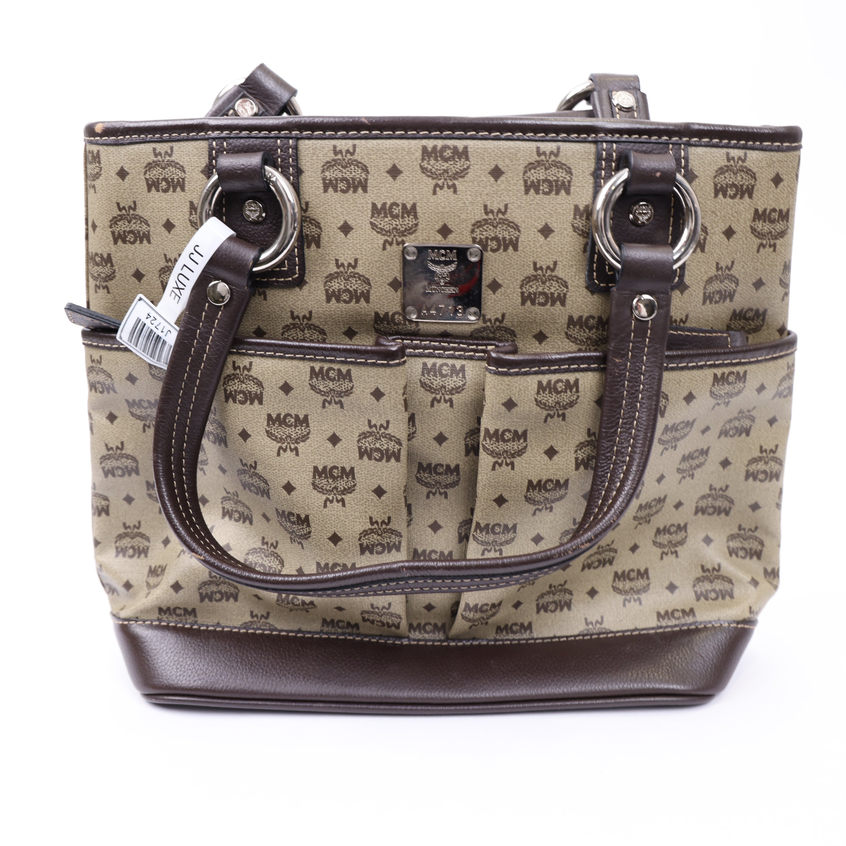 J1724 MCM Tan and Black Monogram Tote Bag- Pre Owned