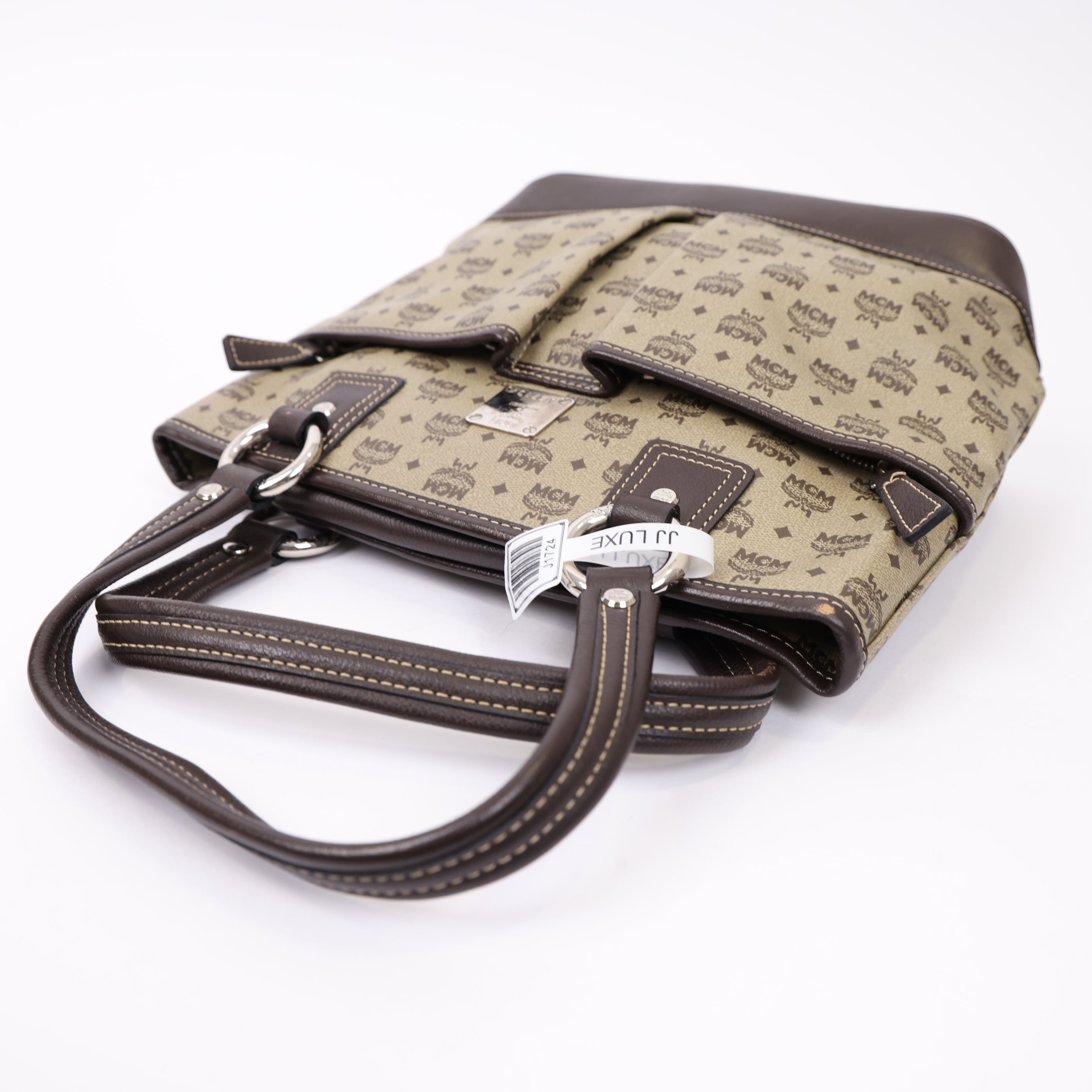 J1724 MCM Tan and Black Monogram Tote Bag- Pre Owned