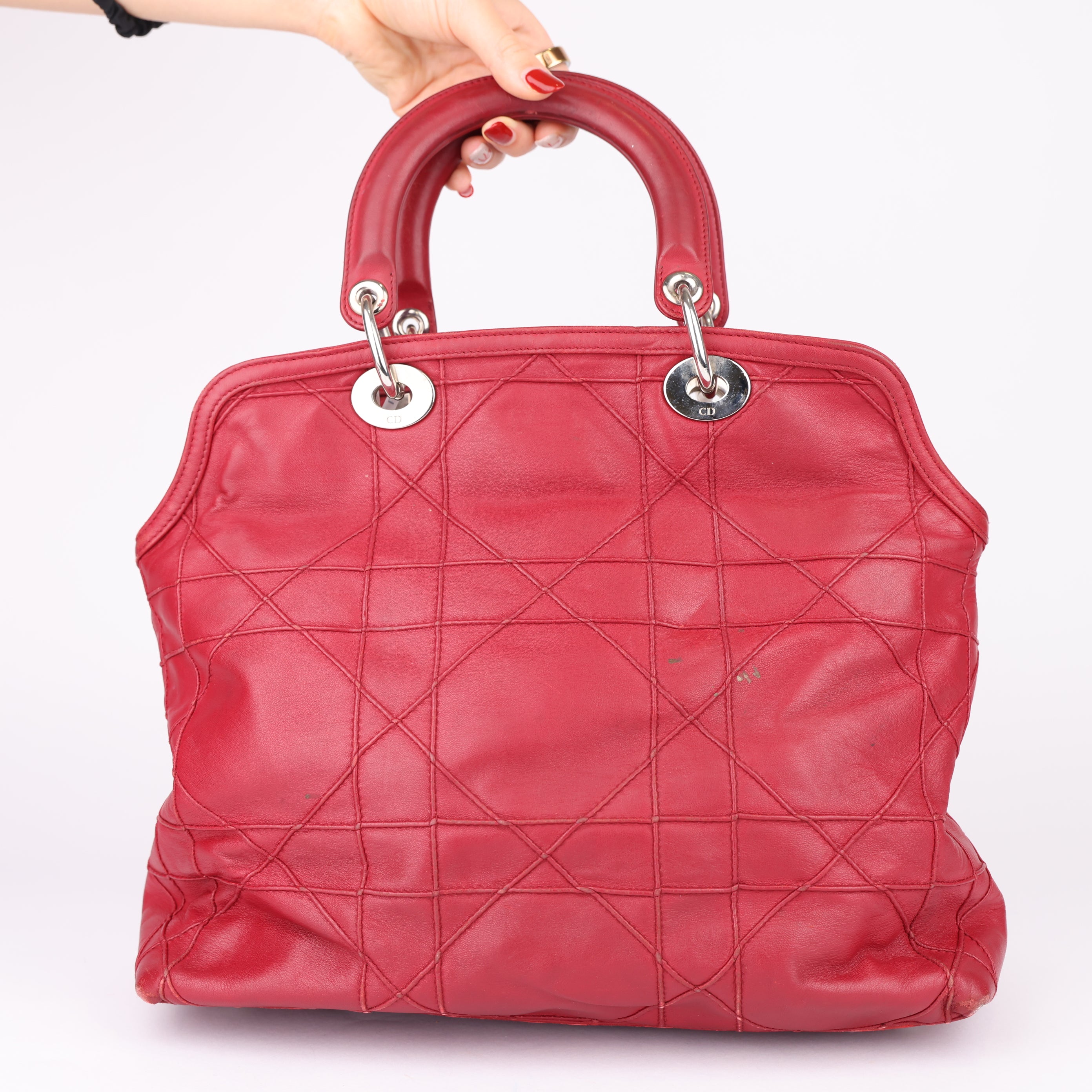 J1704 Christian Dior Dark Pink Cannage Quilted Lambskin Shoulder Bag- Pre Owned