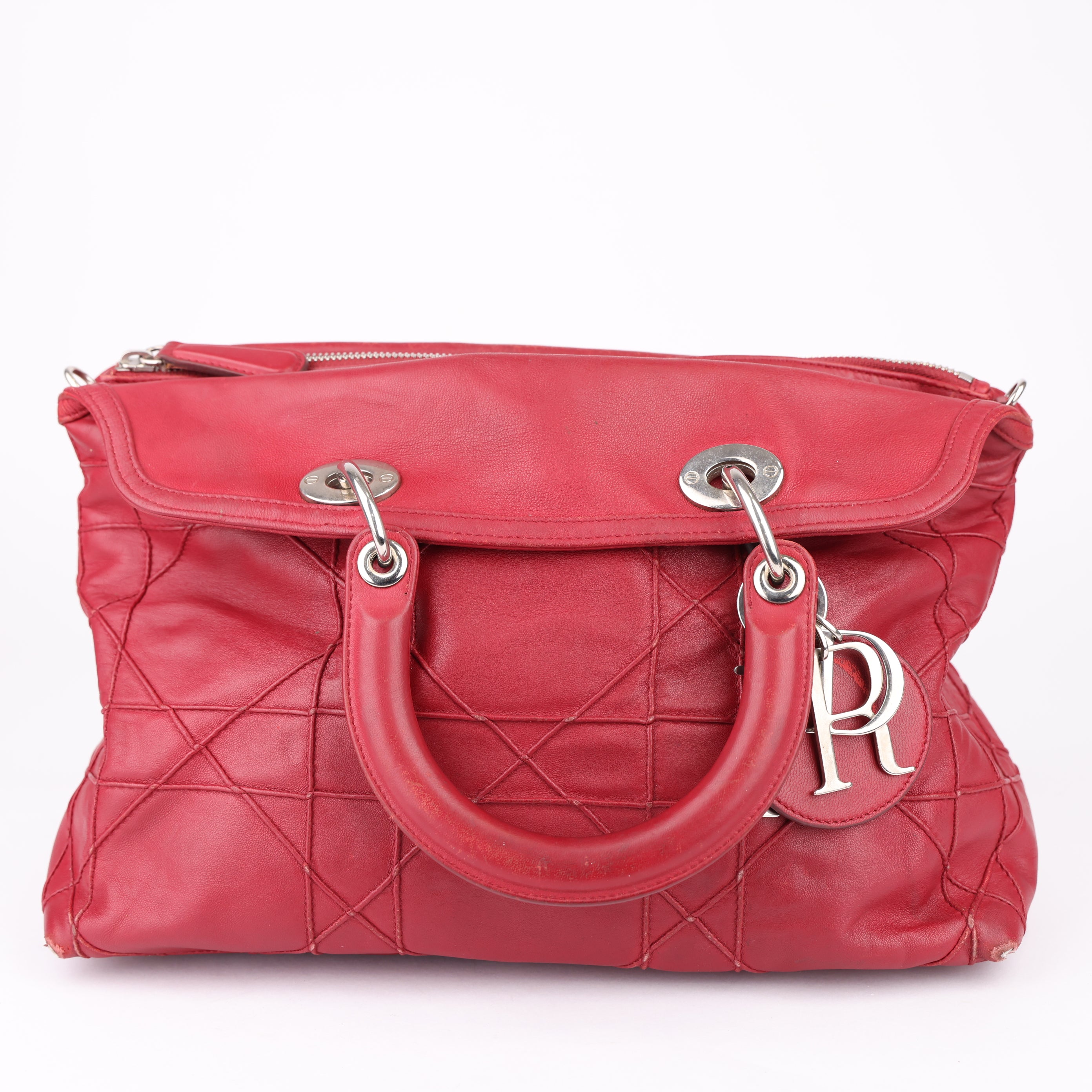 J1704 Christian Dior Dark Pink Cannage Quilted Lambskin Shoulder Bag- Pre Owned