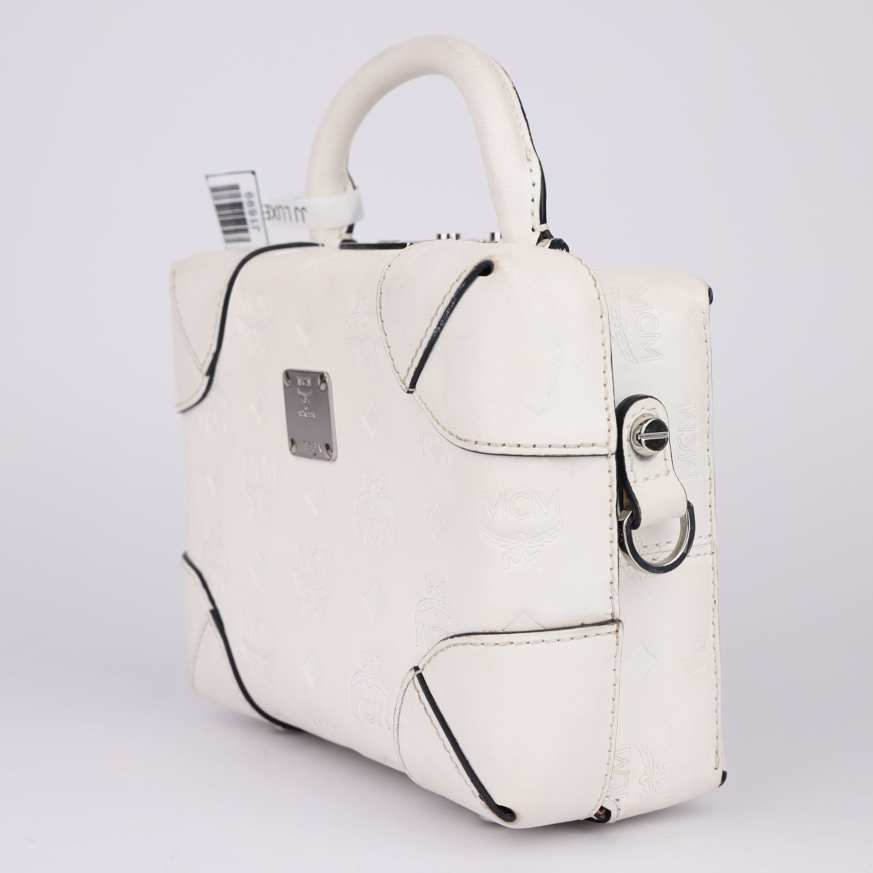 J1699 MCM Soft Berlin Crossbody Bag In Monogram Leather In White- Pre Owned