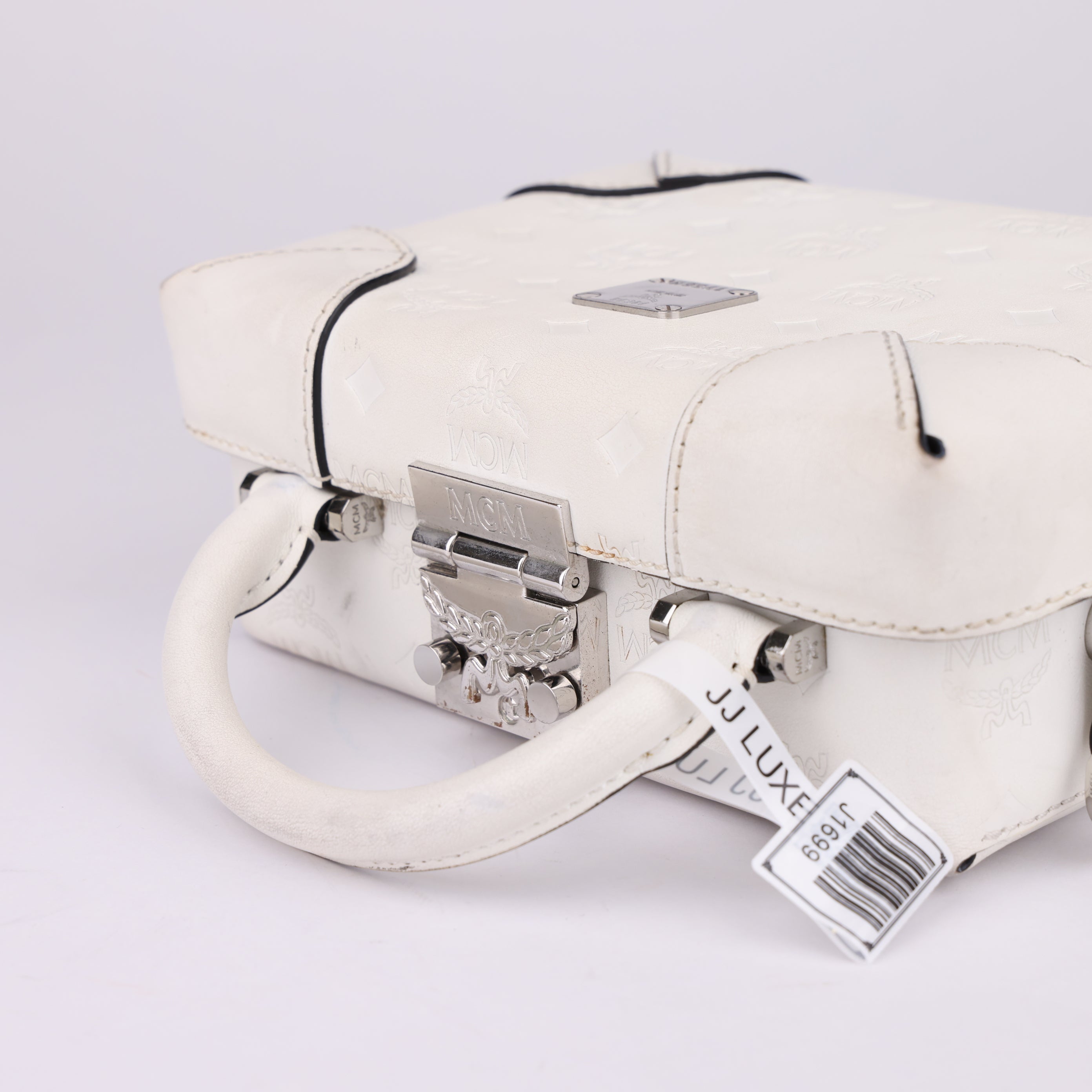 J1699 MCM Soft Berlin Crossbody Bag In Monogram Leather In White- Pre Owned