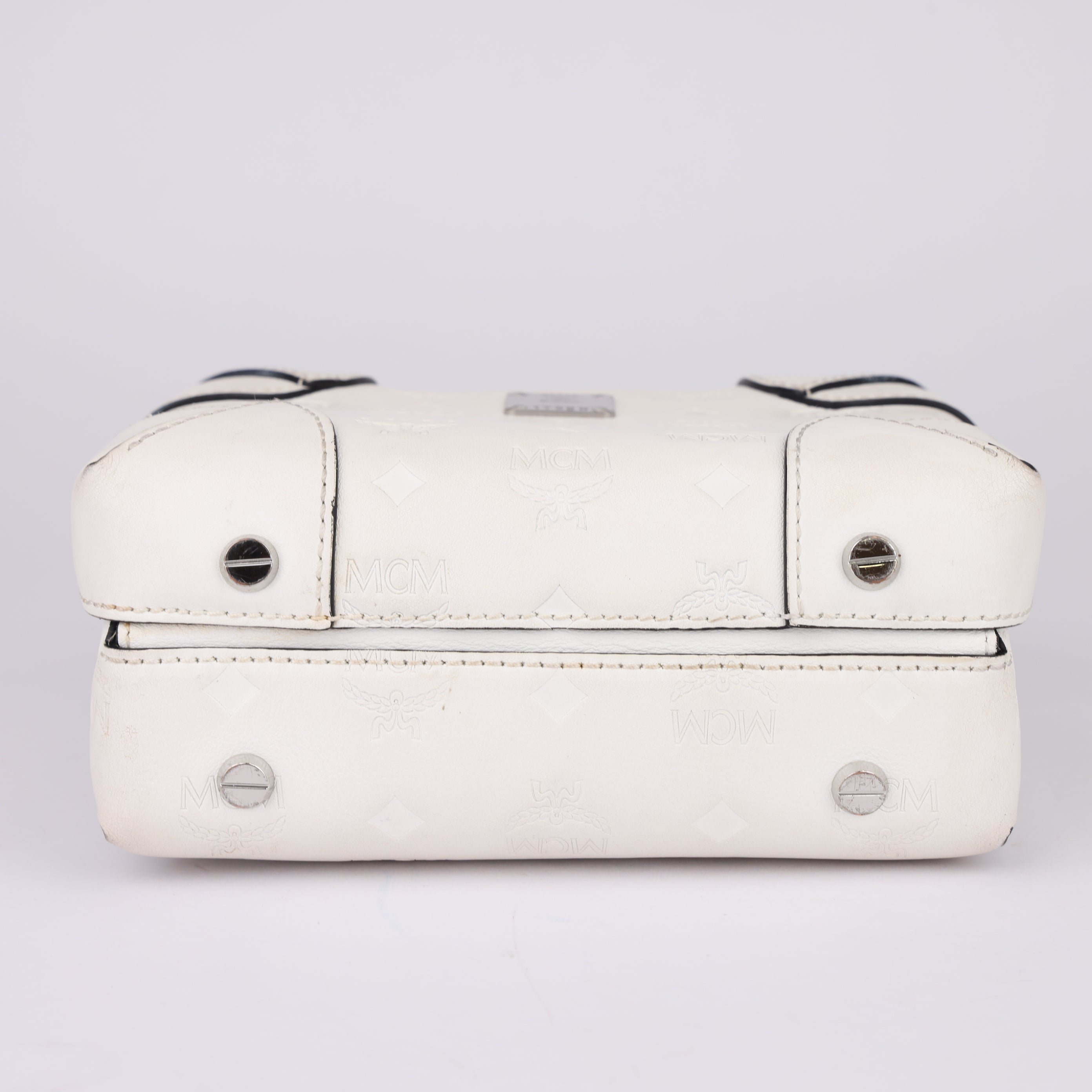 J1699 MCM Soft Berlin Crossbody Bag In Monogram Leather In White- Pre Owned