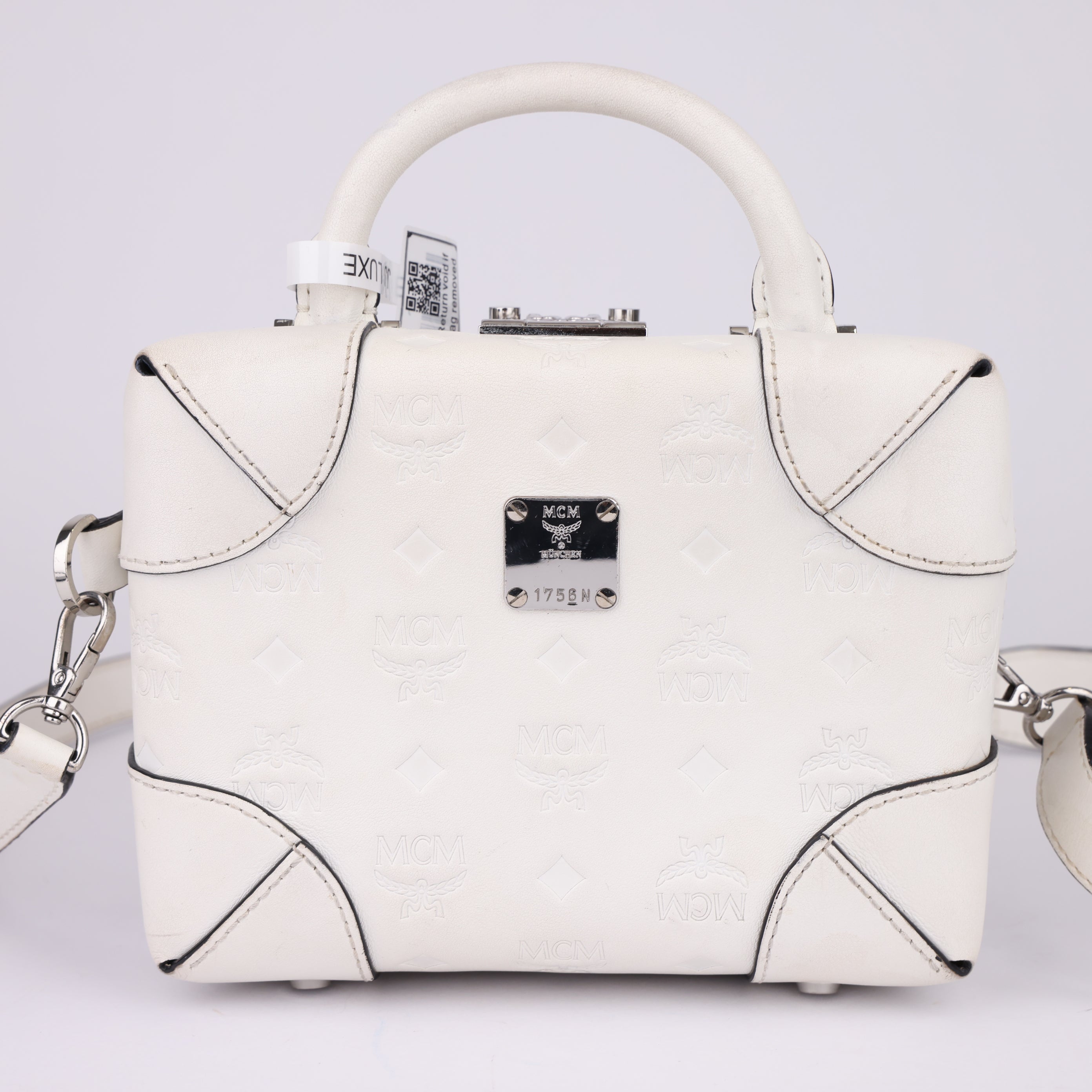 J1699 MCM Soft Berlin Crossbody Bag In Monogram Leather In White- Pre Owned