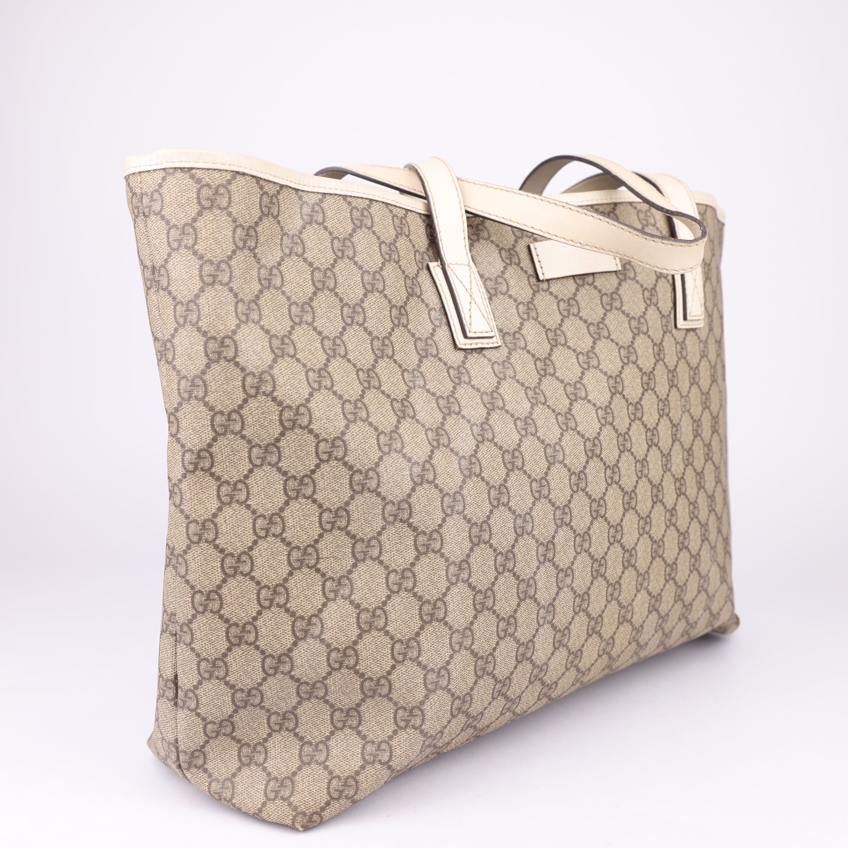J1659 Gucci White GG Supreme Tote Bag Beige Cloth- Pre Owned