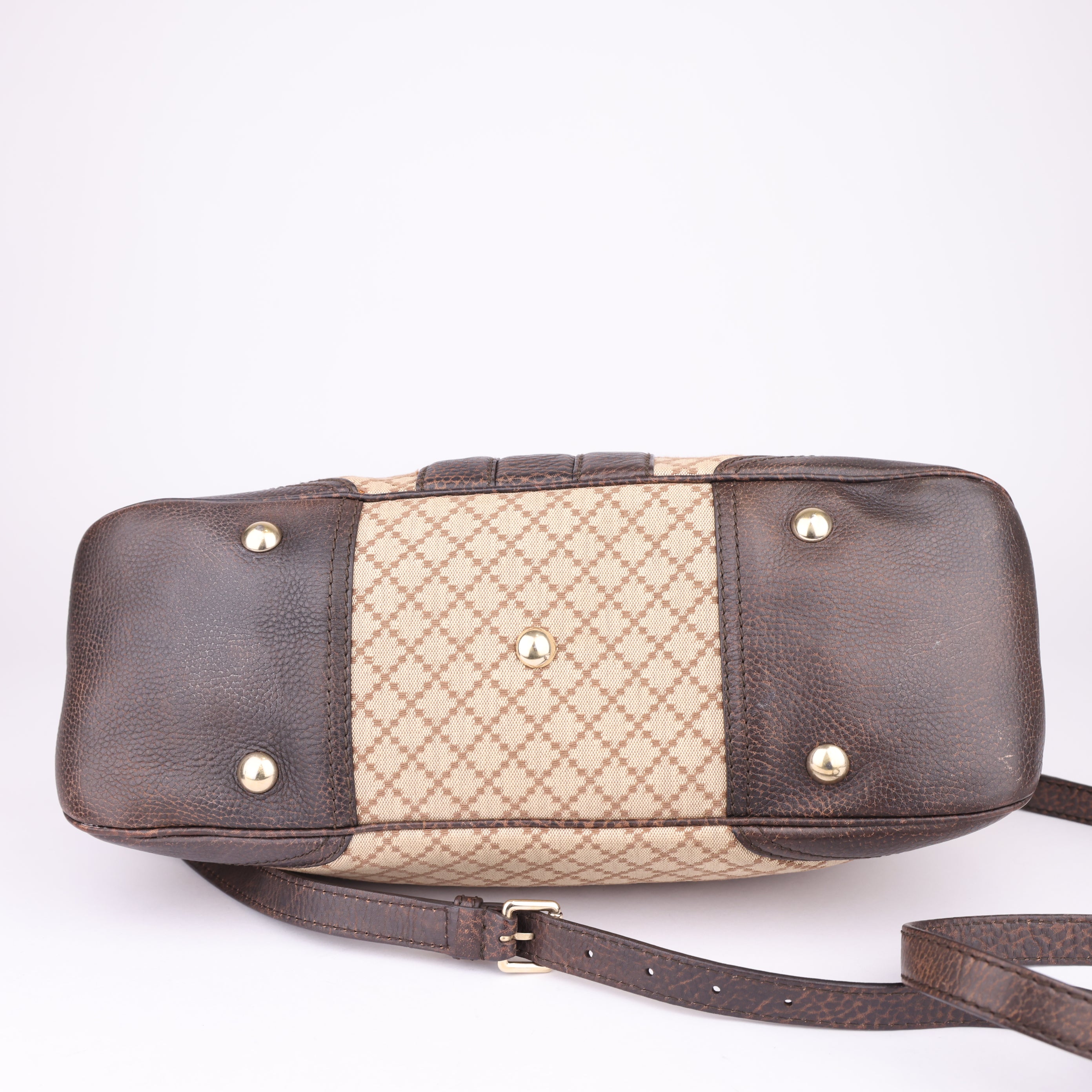 J1666 Gucci Brown Diamante Horsebit Catherine Satchel Black Beige- Pre Owned