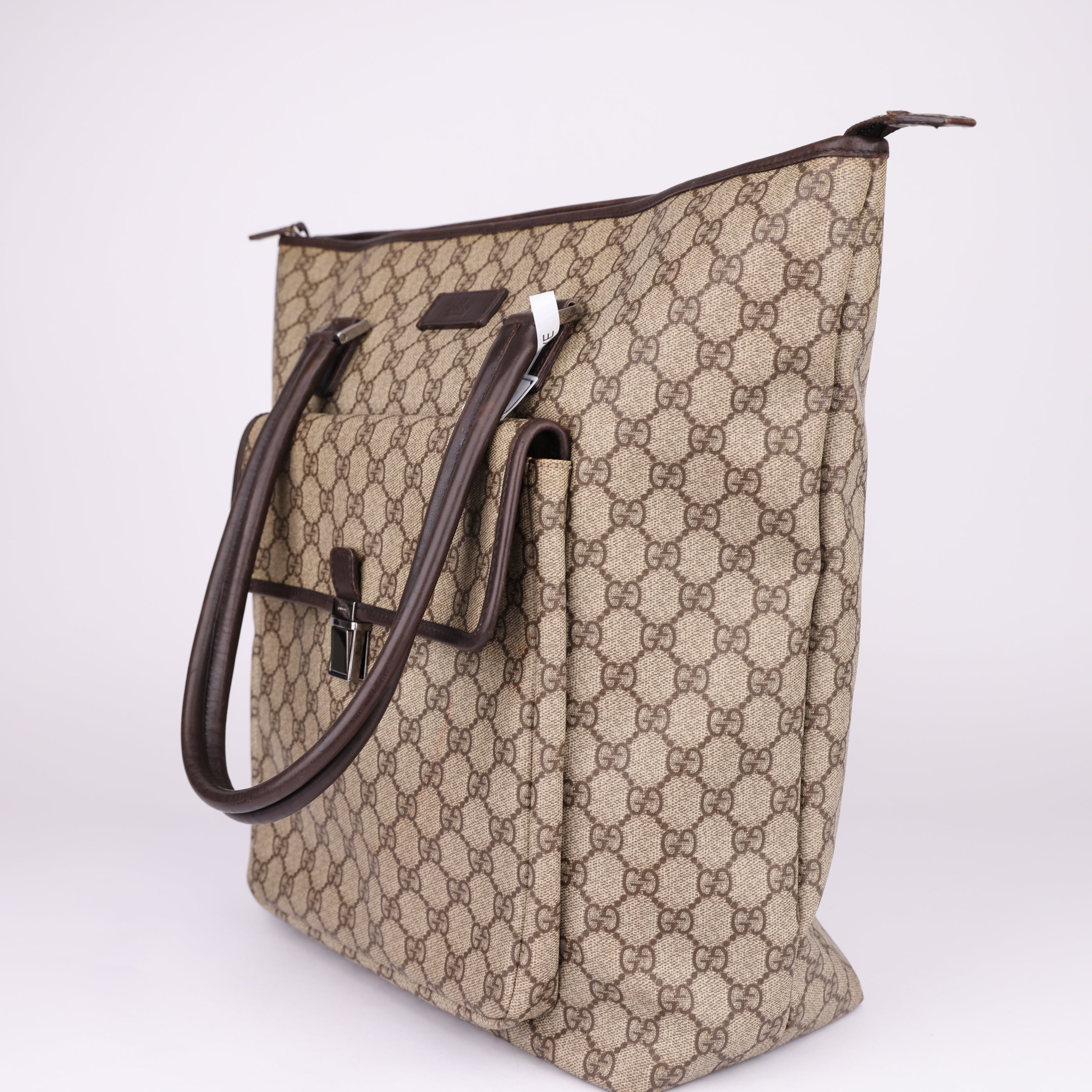 J1669 Gucci Brown GG Supreme Tote Bag Beige Dark brown Leather- Pre Owned