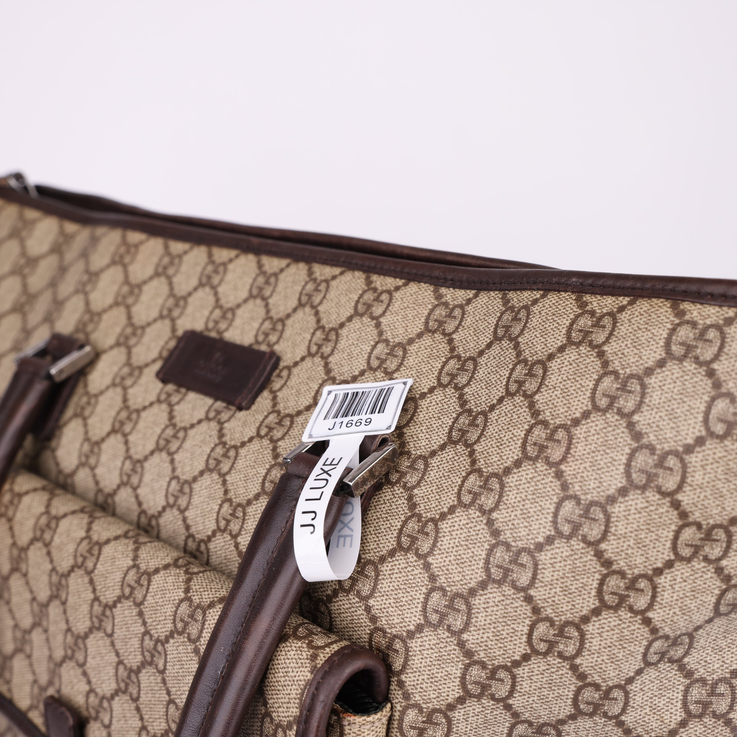 J1669 Gucci Brown GG Supreme Tote Bag Beige Dark brown Leather- Pre Owned