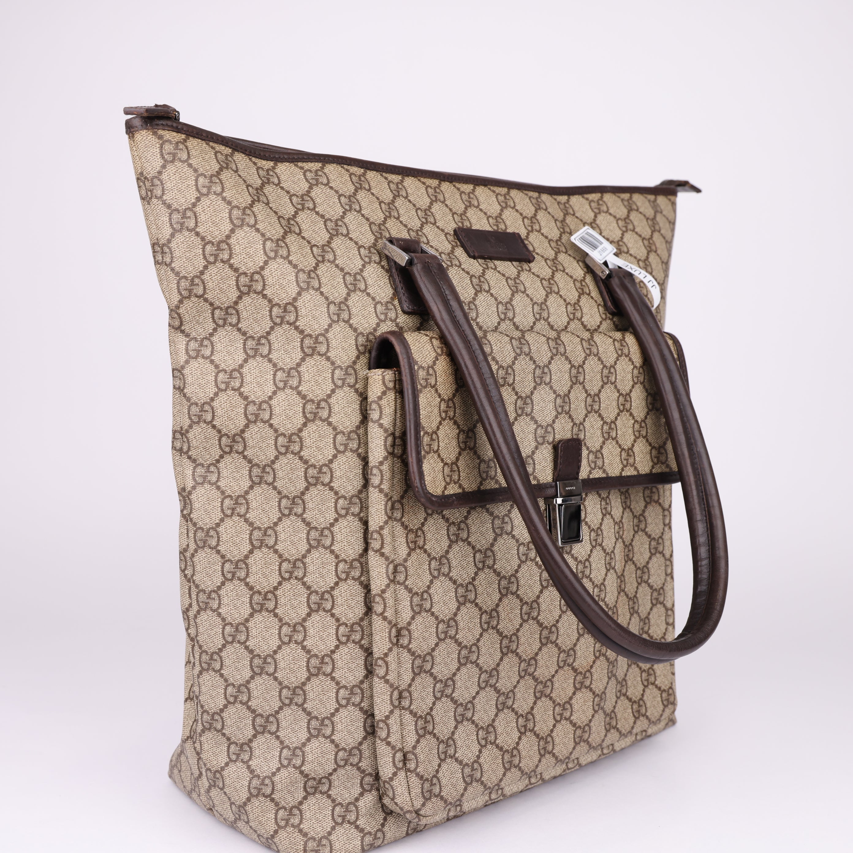 J1669 Gucci Brown GG Supreme Tote Bag Beige Dark brown Leather- Pre Owned