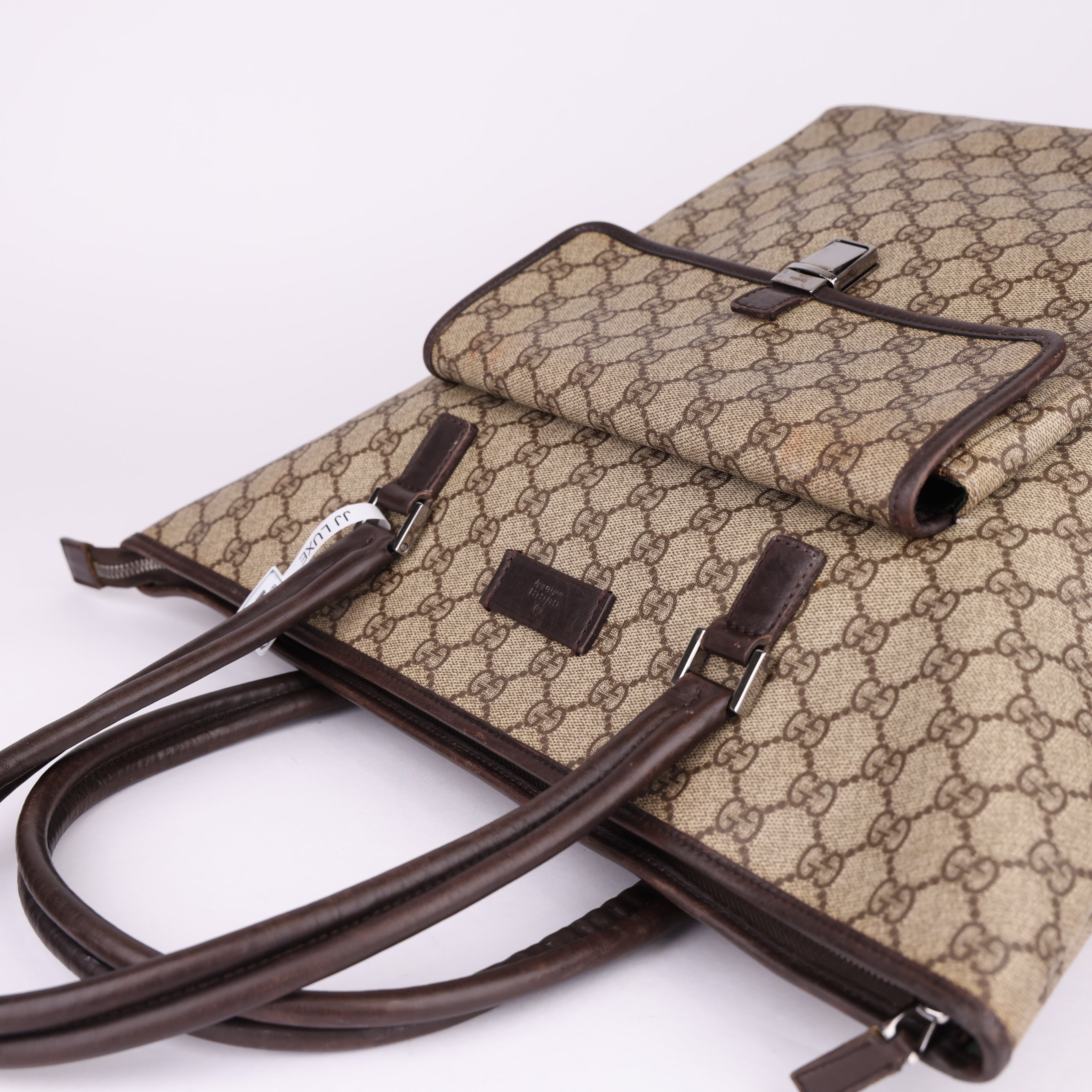 J1669 Gucci Brown GG Supreme Tote Bag Beige Dark brown Leather- Pre Owned