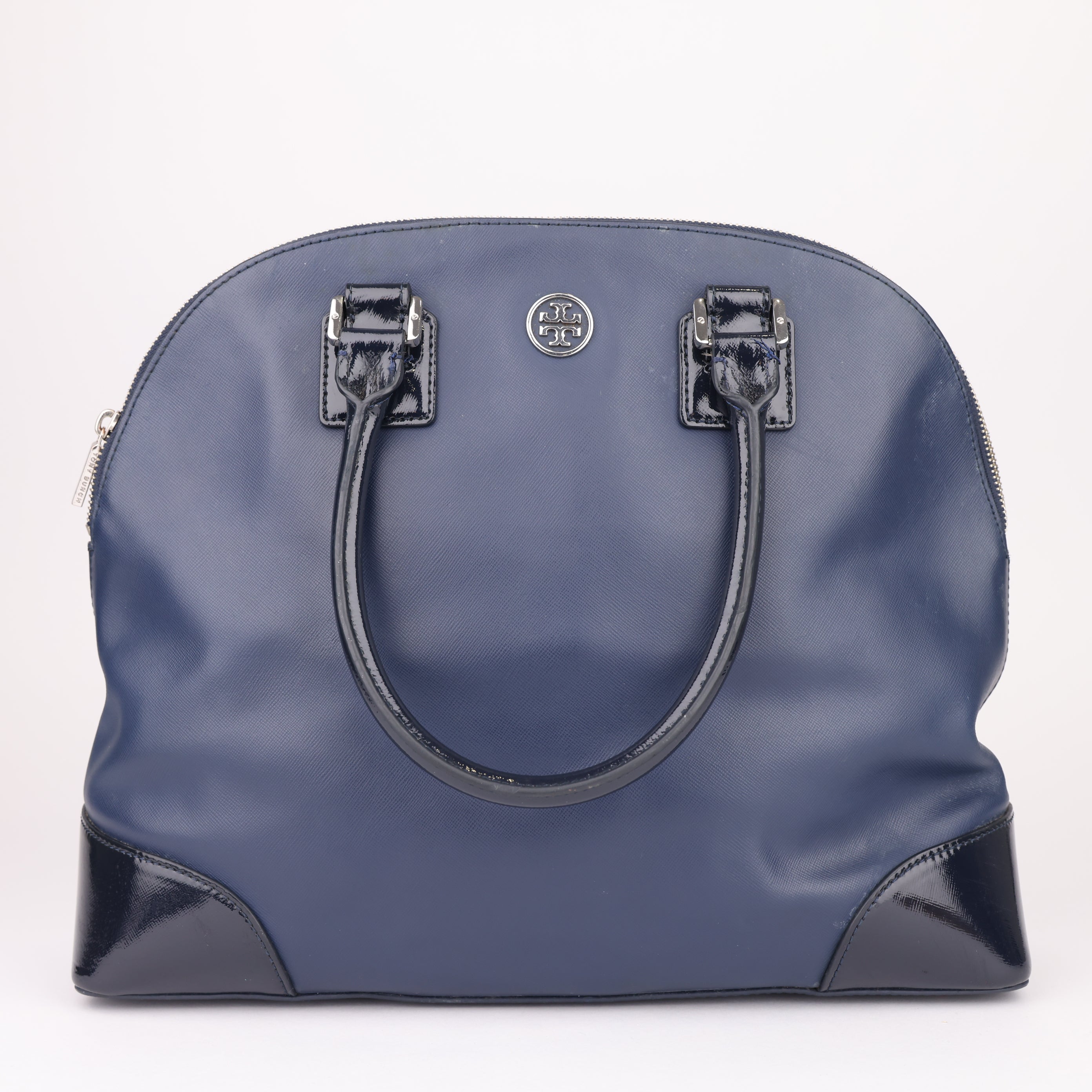 J1656 Tory Burch Navy Leather Shoulder Tote- Pre Owned