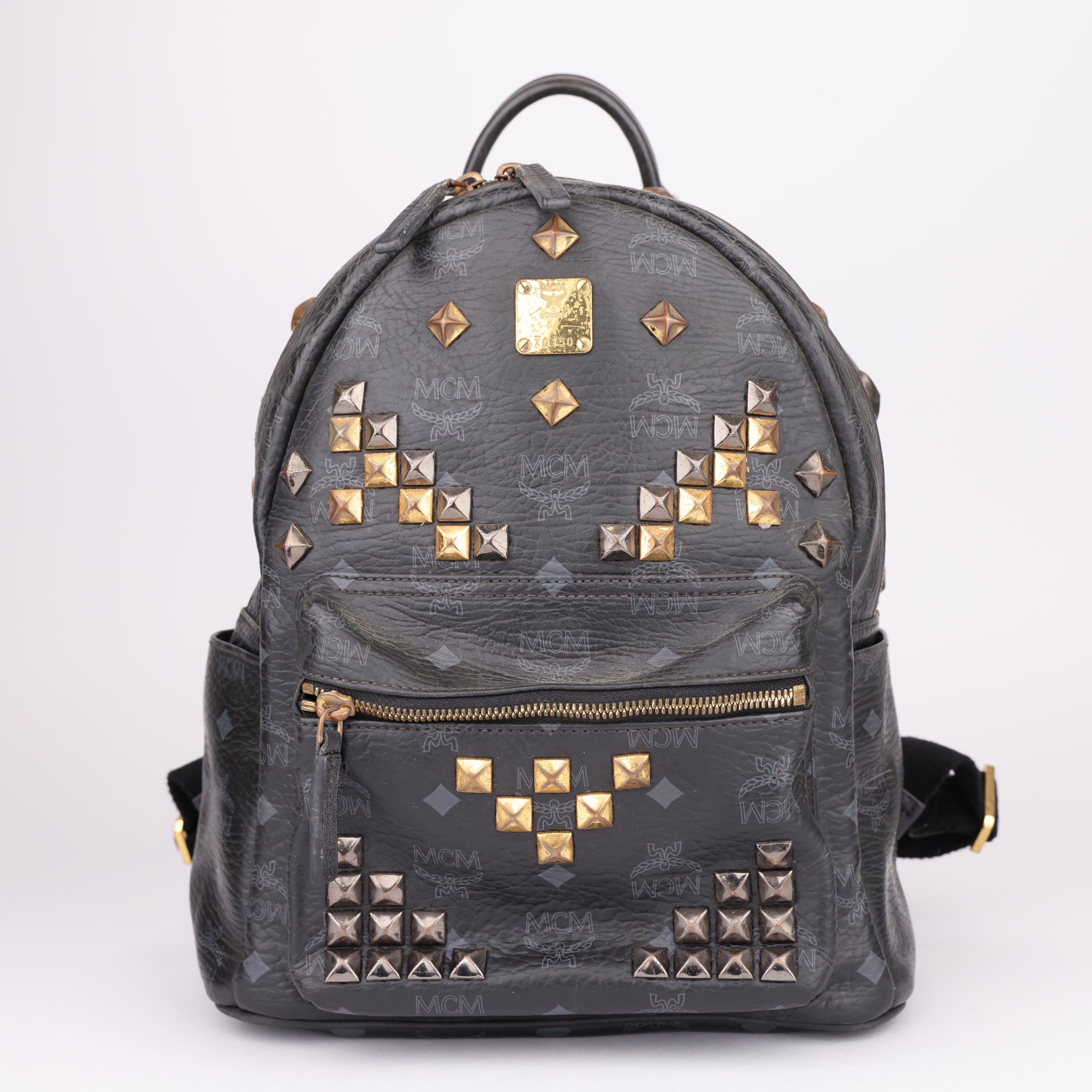 J1645 MCM Stark Side Stud Silver x Gold Hardware Backpack Rucksack- Pre Owned