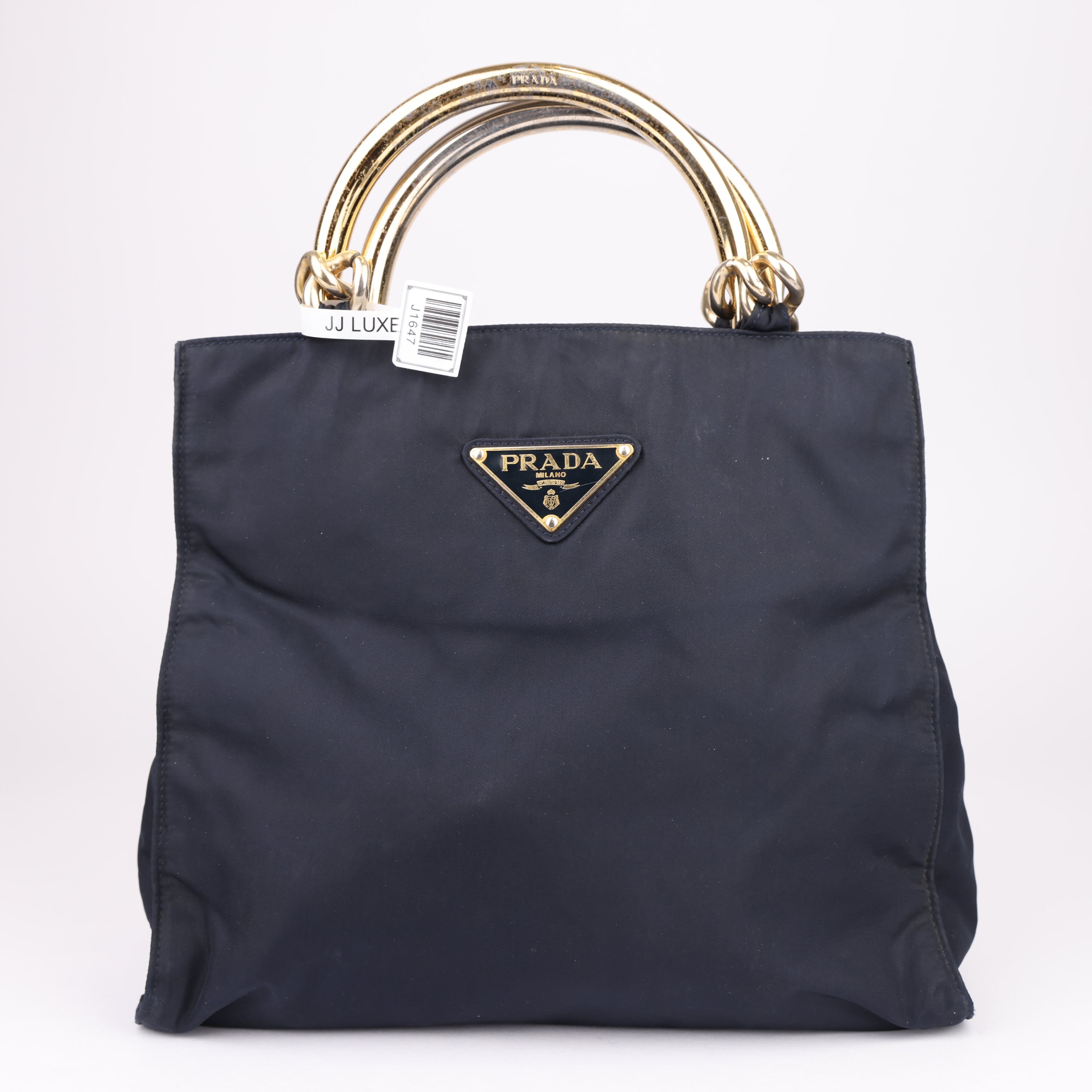 J1647 PRADA Hand Bag Nylon Navy Gold- Pre Owned