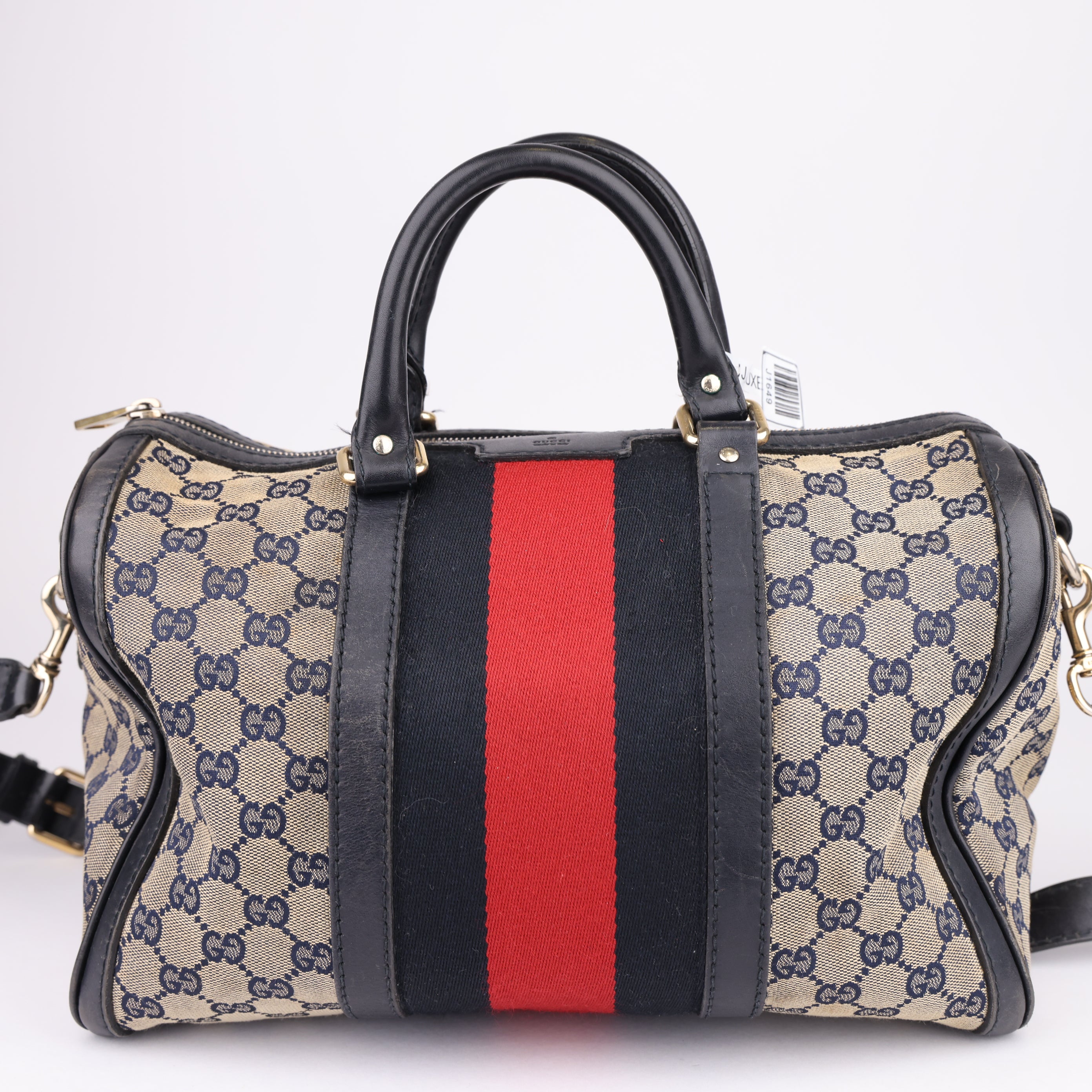 J1649 Gucci GG Supreme Web Detail Boston Bag- Pre Owned