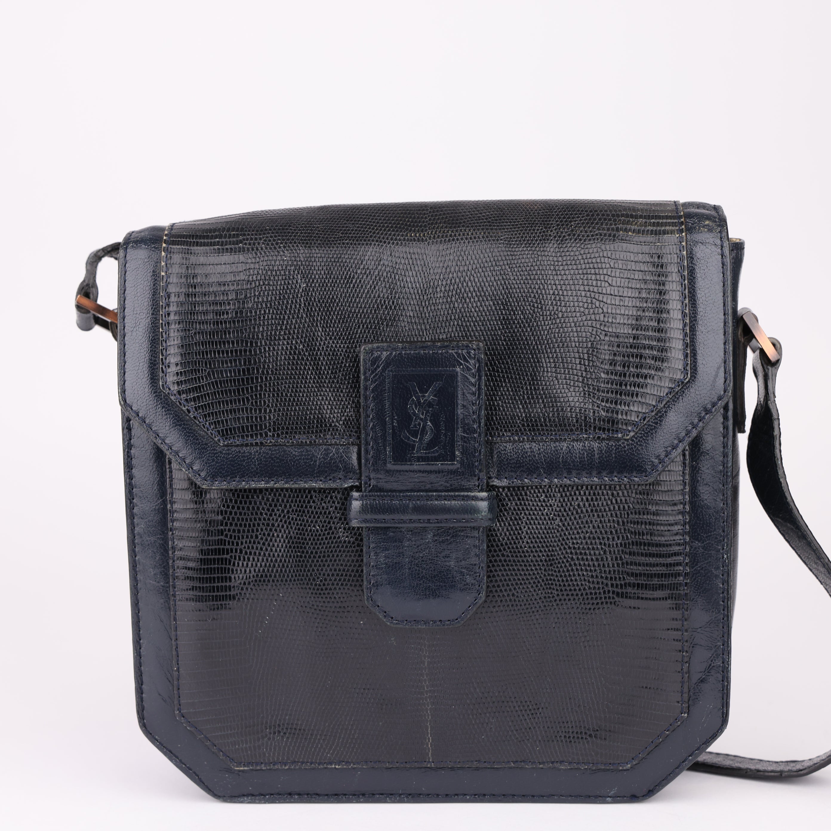 J1627 Saint Laurent Black Lizard Embossed Leather Bag- Pre Owned