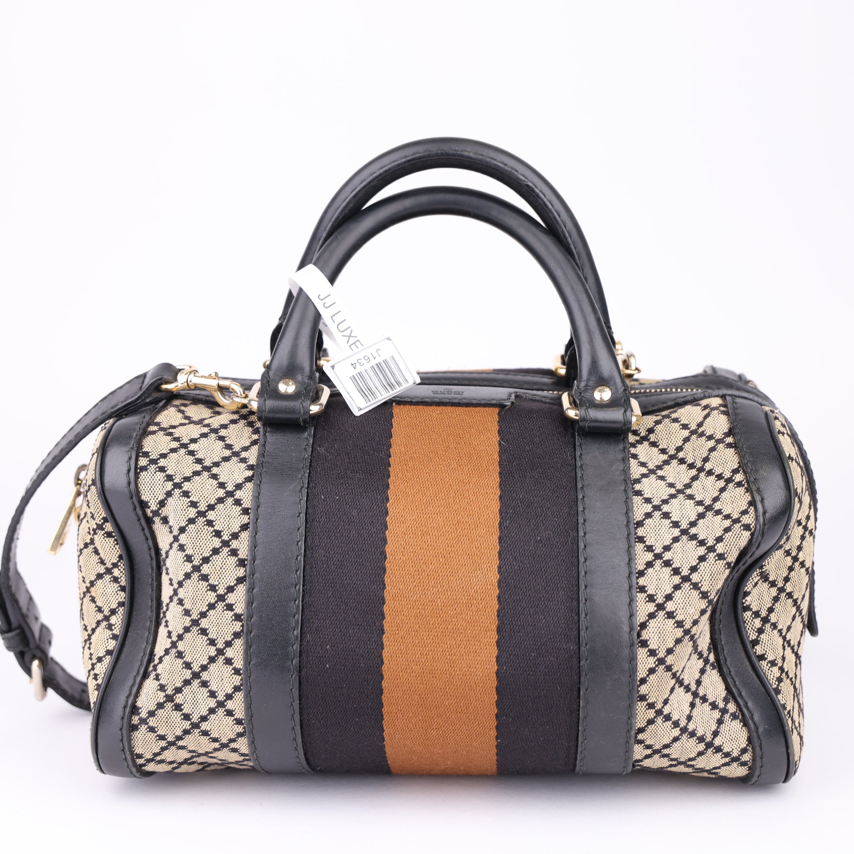 J1634 GUCCI Diamante Sherry Line Hand Bag Canvas 2way Beige Gold- Pre Owned