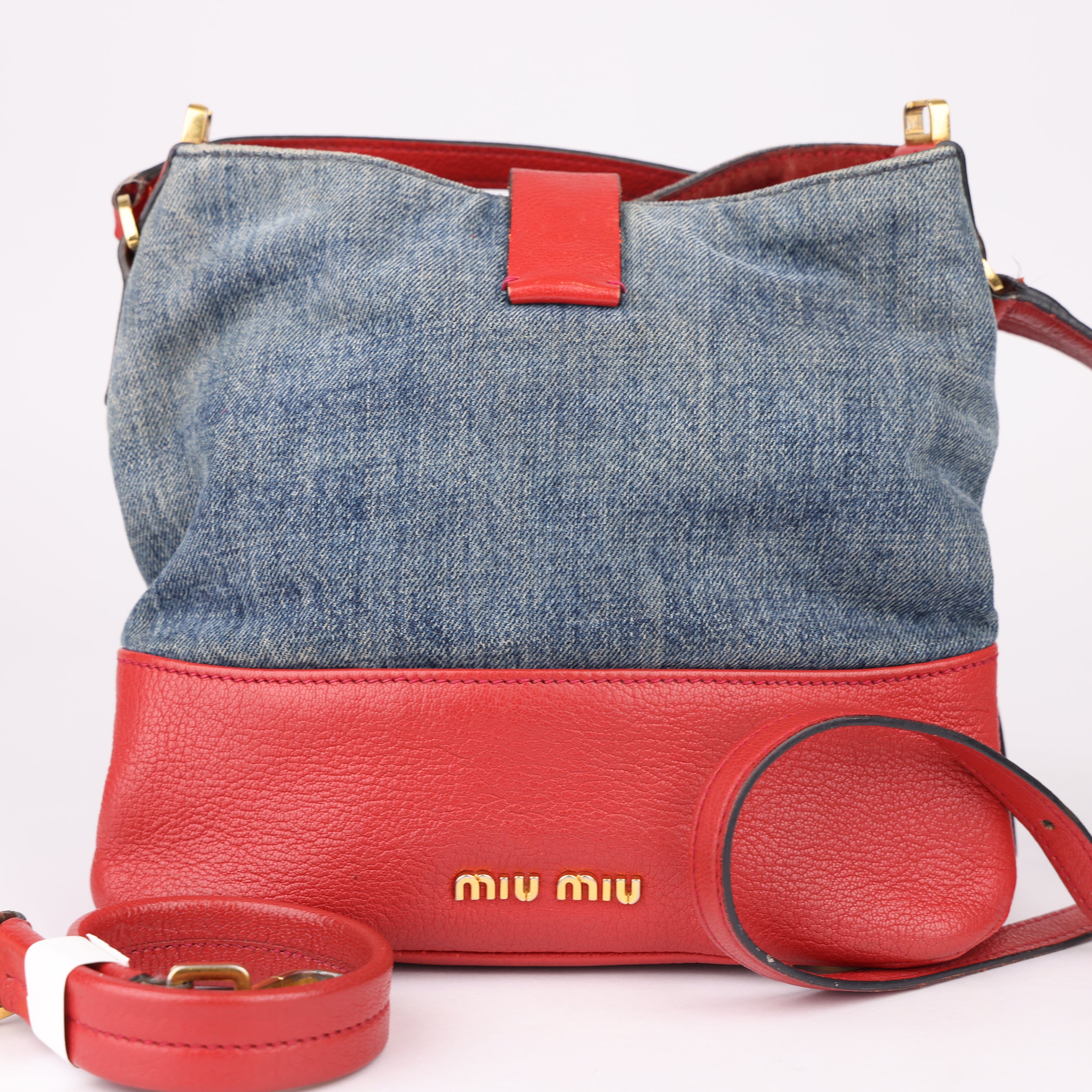 J1622 MIU MIU Madras Leather Denim 2Way Shoulder Bag- Pre Owned