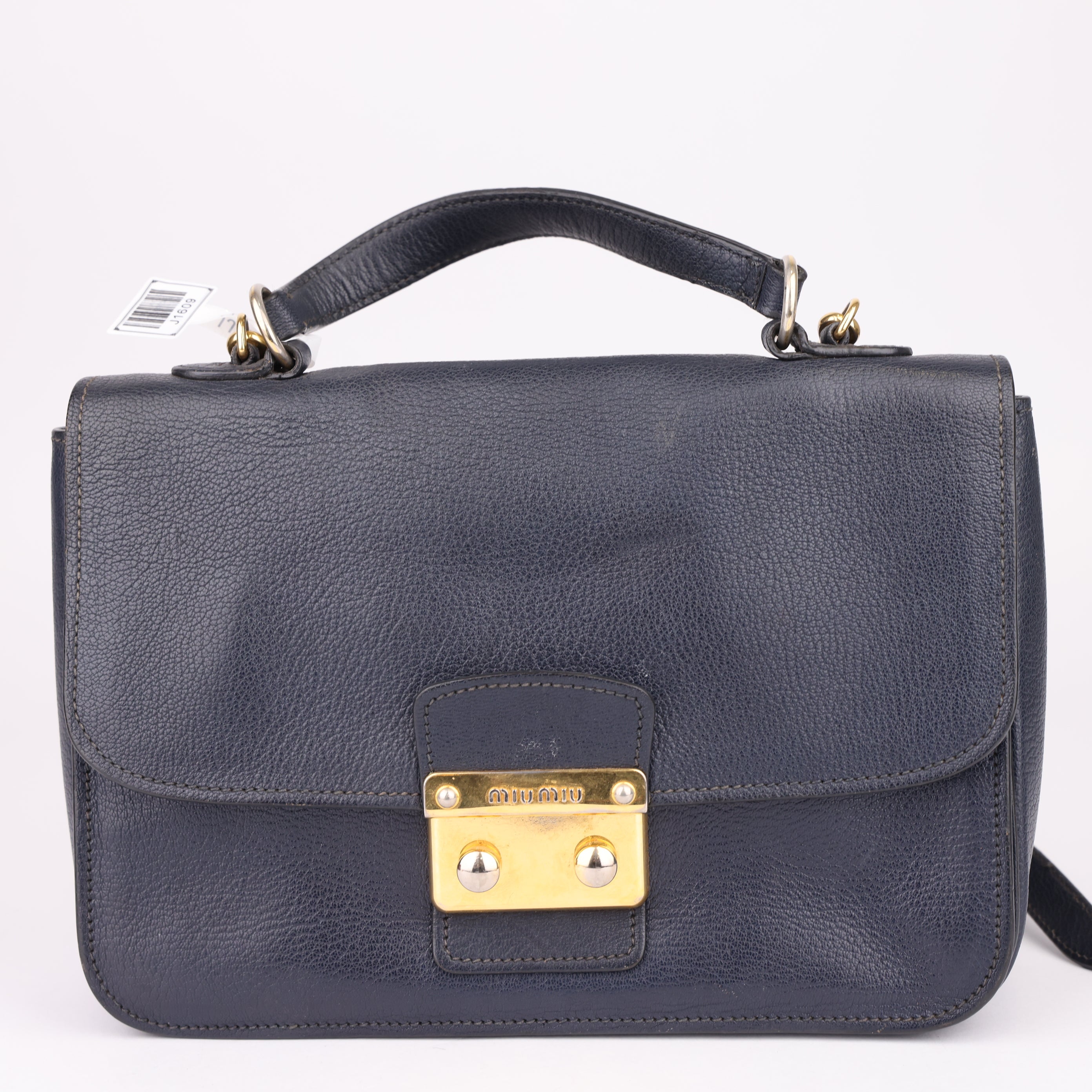 J1609 Miu Miu Dark Blue Madras Leather Push Lock Flap Top Handle Bag- Pre Owned