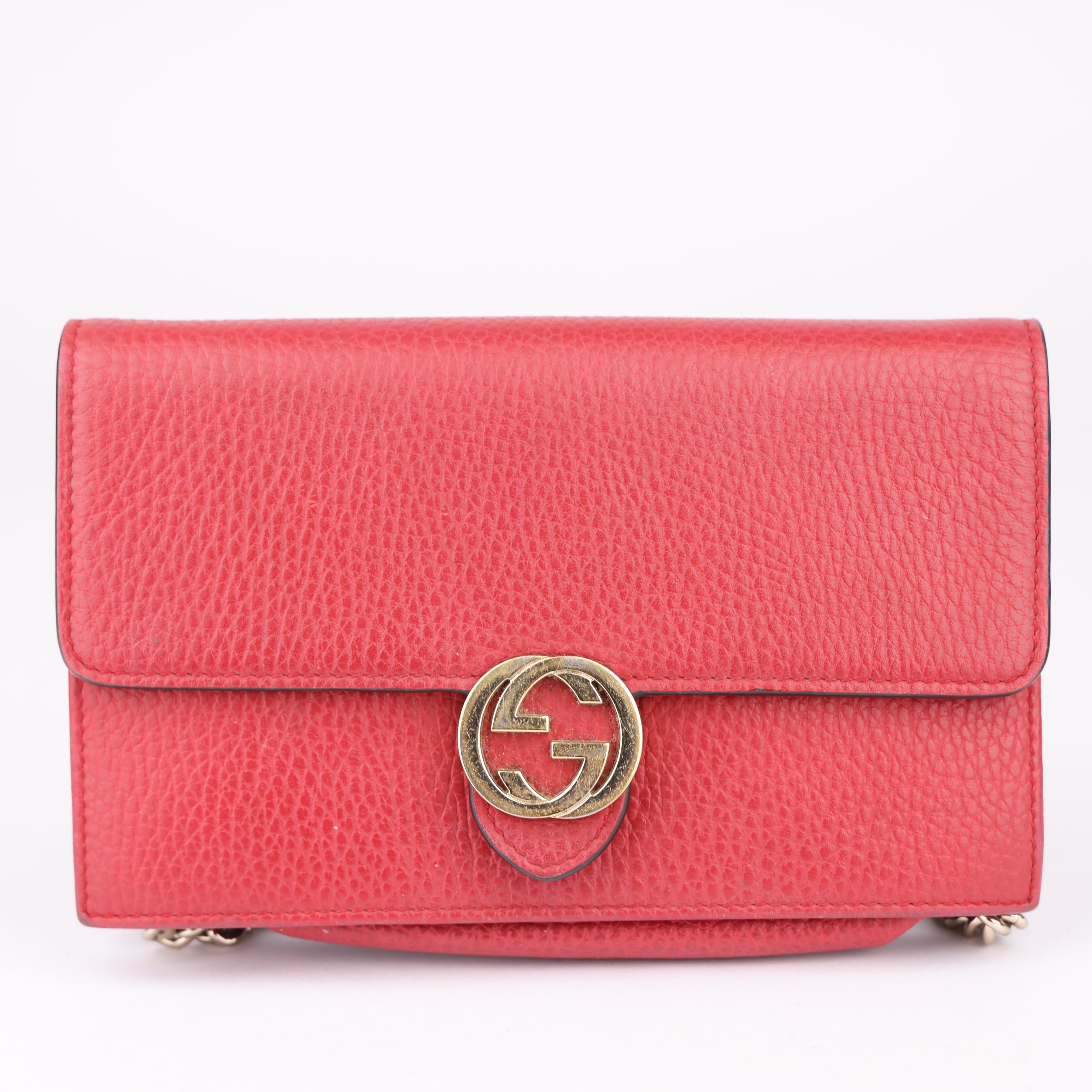 J1572 Gucci Interlocking GG Crossbody Chain Wallet Red in Leather- Pre Owned