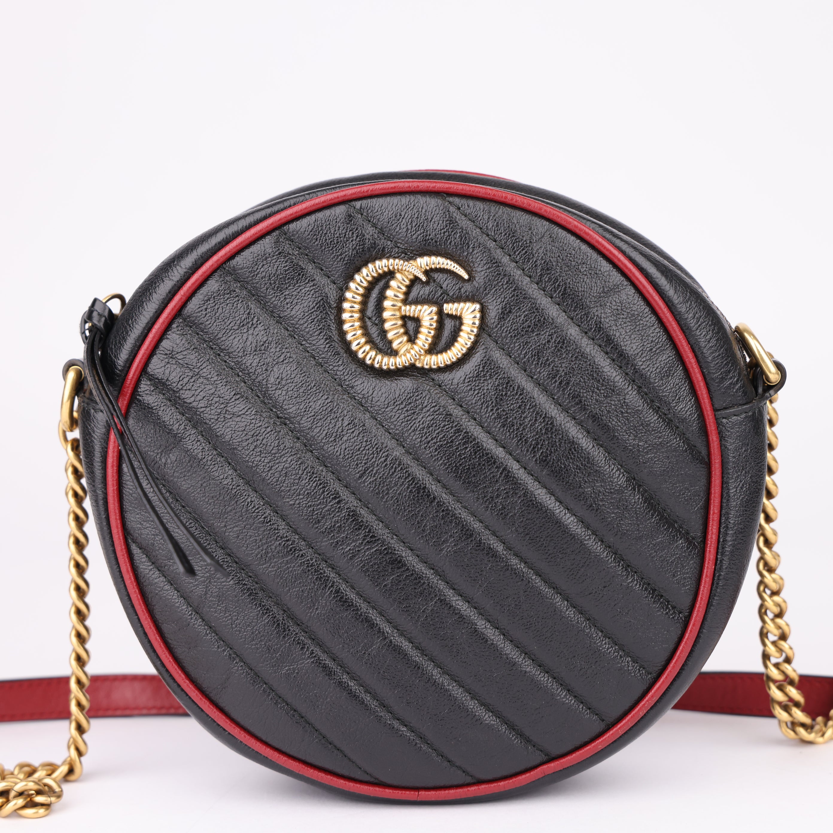 J1564 Gucci Marmont Mini Round Shoulder Bag in Black- Pre Owned