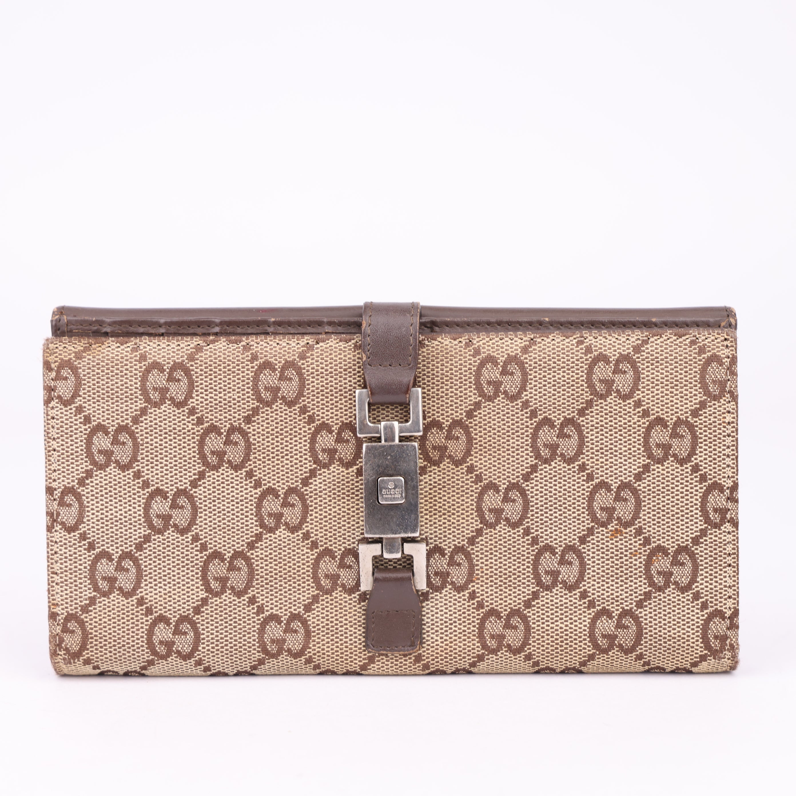 J1555 GUCCI Jakkie GG Logo Canvas Leather Long Bifold Wallet Beige- Pre Owned