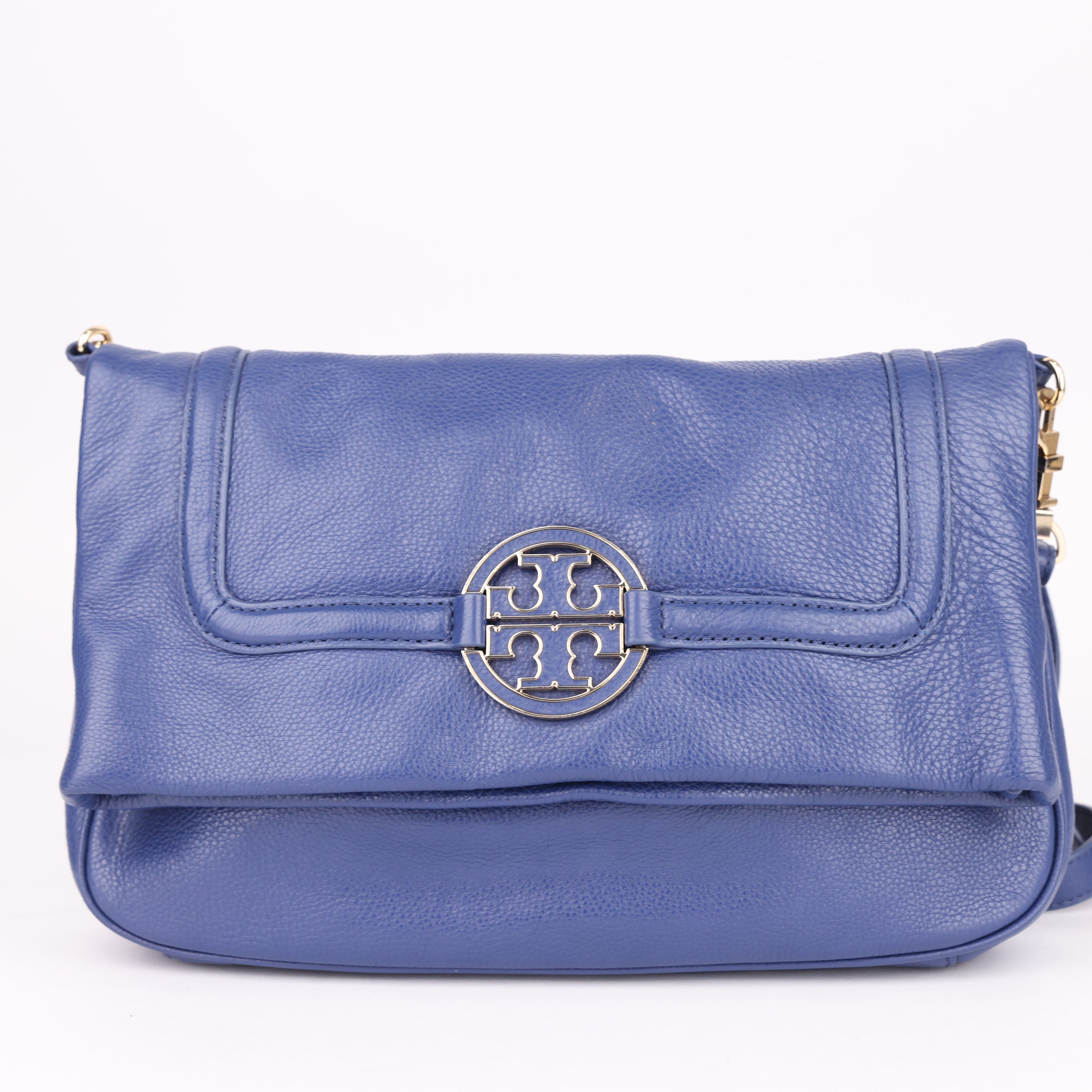 J1527 Tory Burch Navy Leather Amanda Foldover Bag- Pre Owned