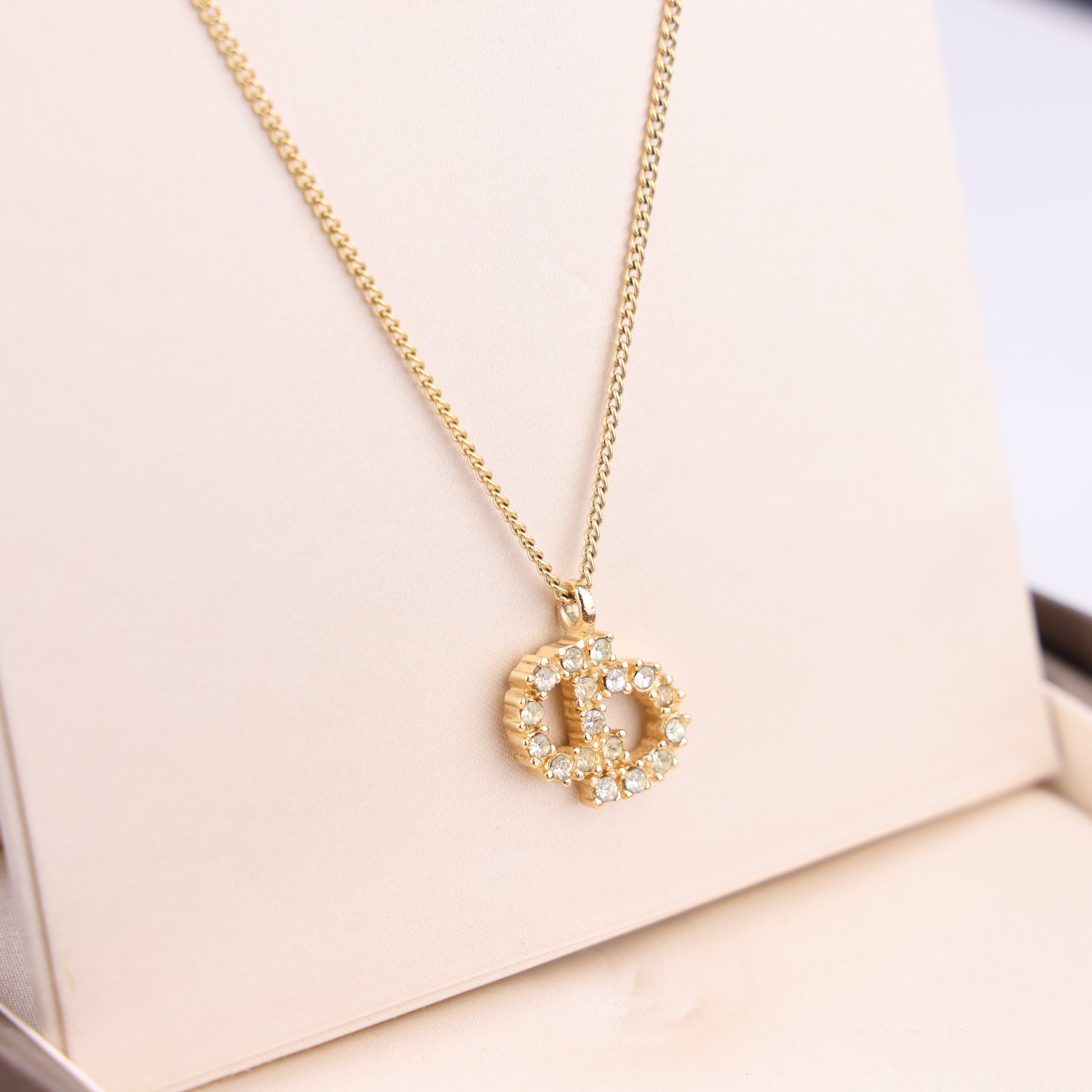 J1521 Christian DIOR GP Rhinestone CD Logo Necklace- Pre Owned