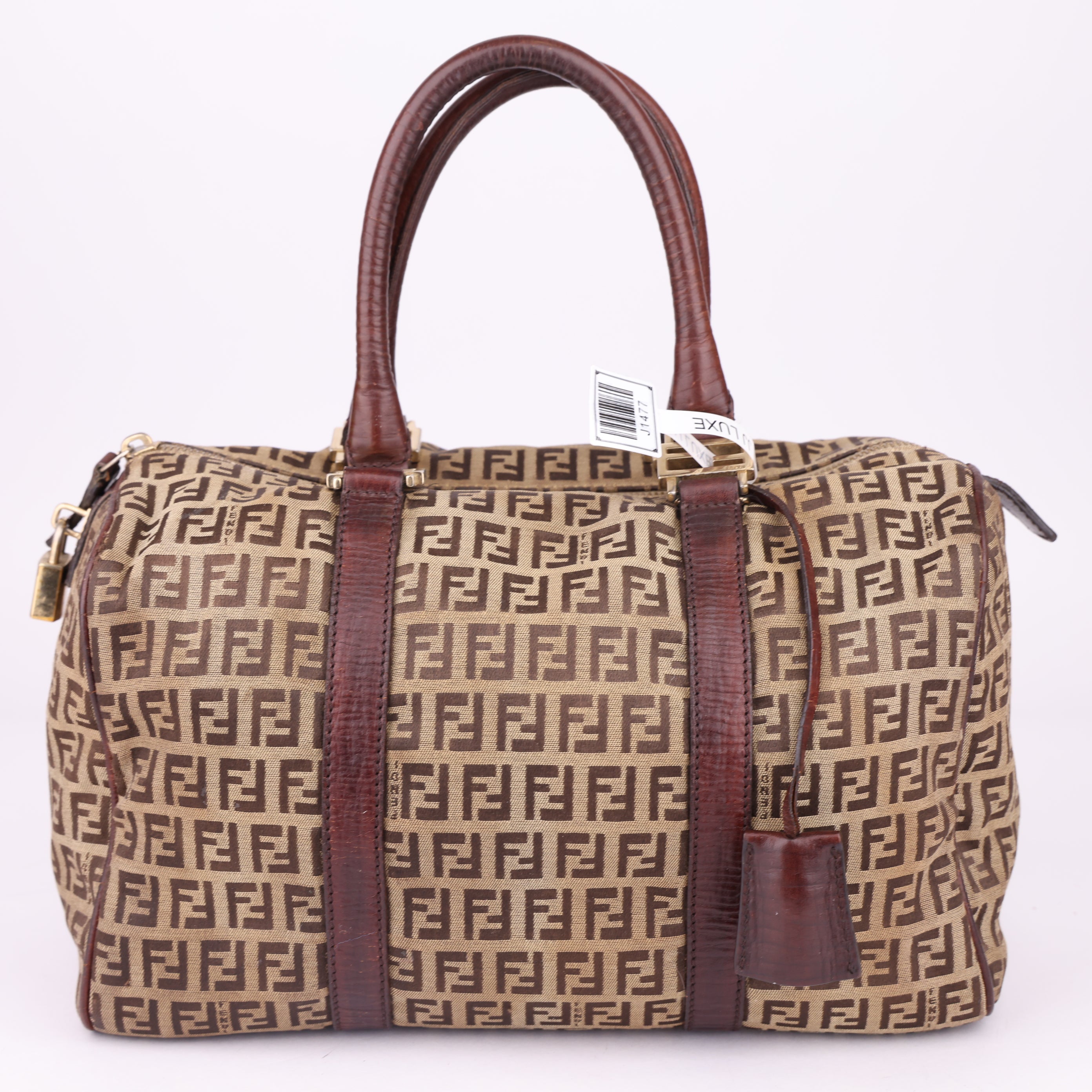 J1477 Fendi Beige Zucchino Canvas Small Boston Bag- Pre Owned