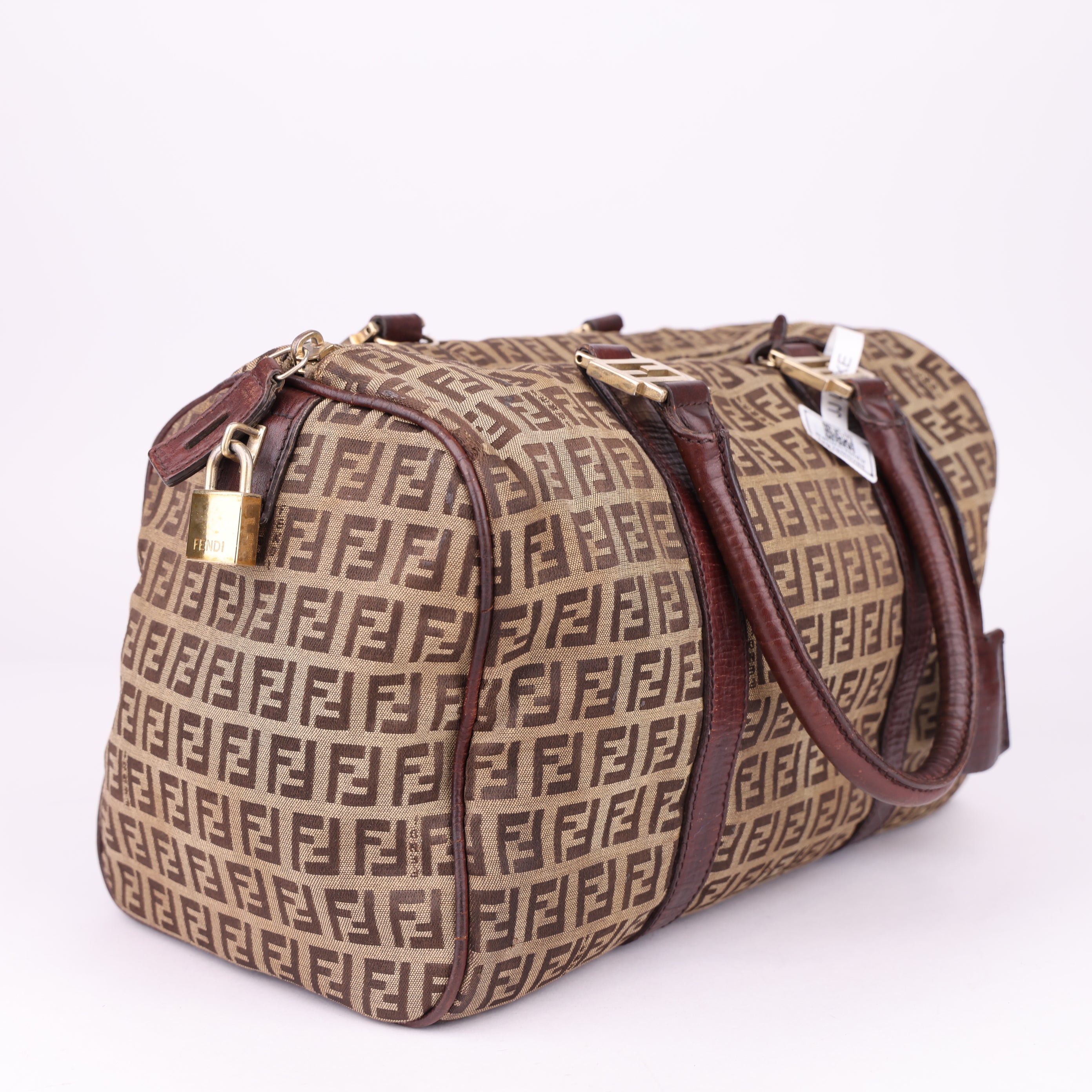 J1477 Fendi Beige Zucchino Canvas Small Boston Bag- Pre Owned