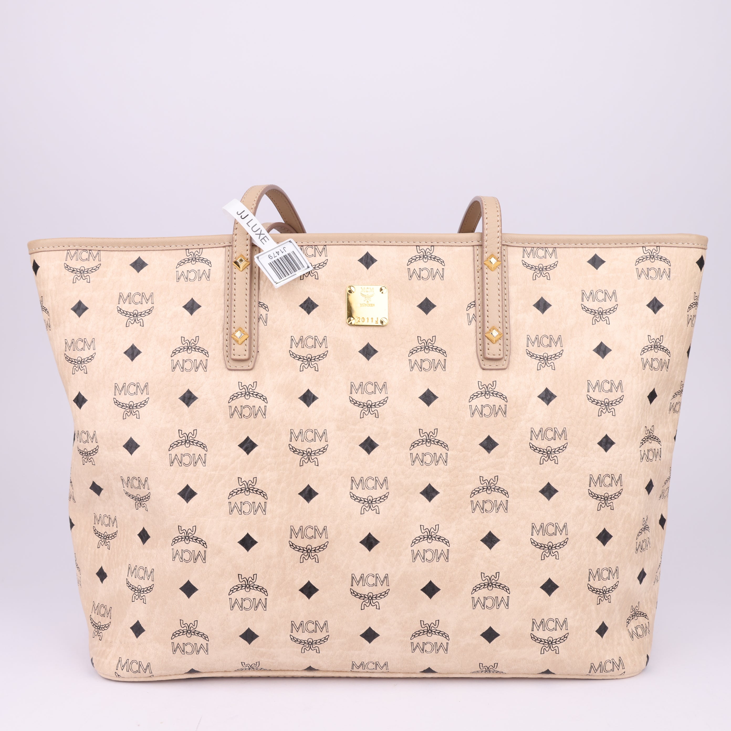 J1479 MCM Anya Top Zip Shopper Visetos Medium Beige- Pre Owned